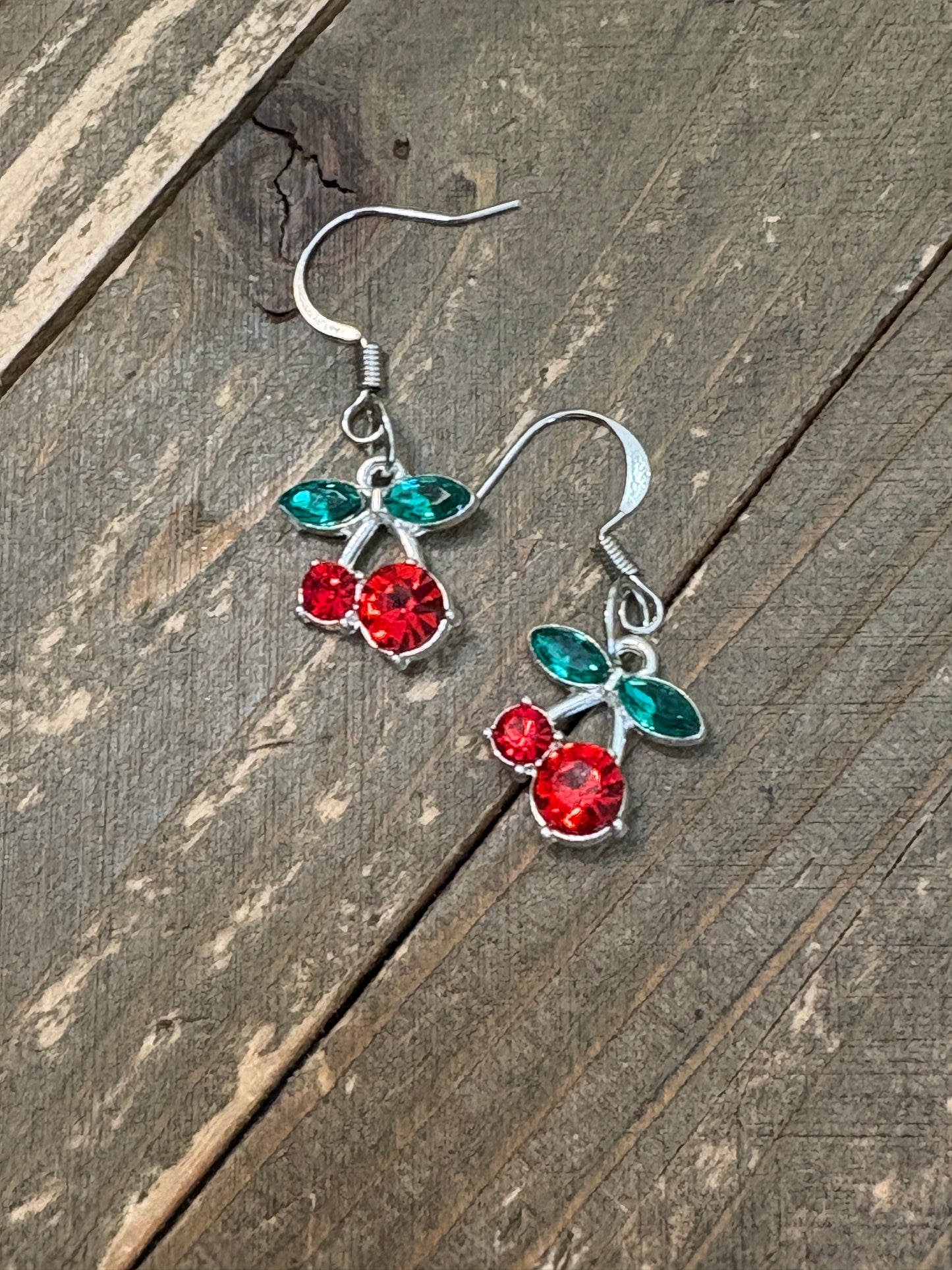 🍒✨ Rhinestone Cherry Charm Wire Earrings ✨🍒