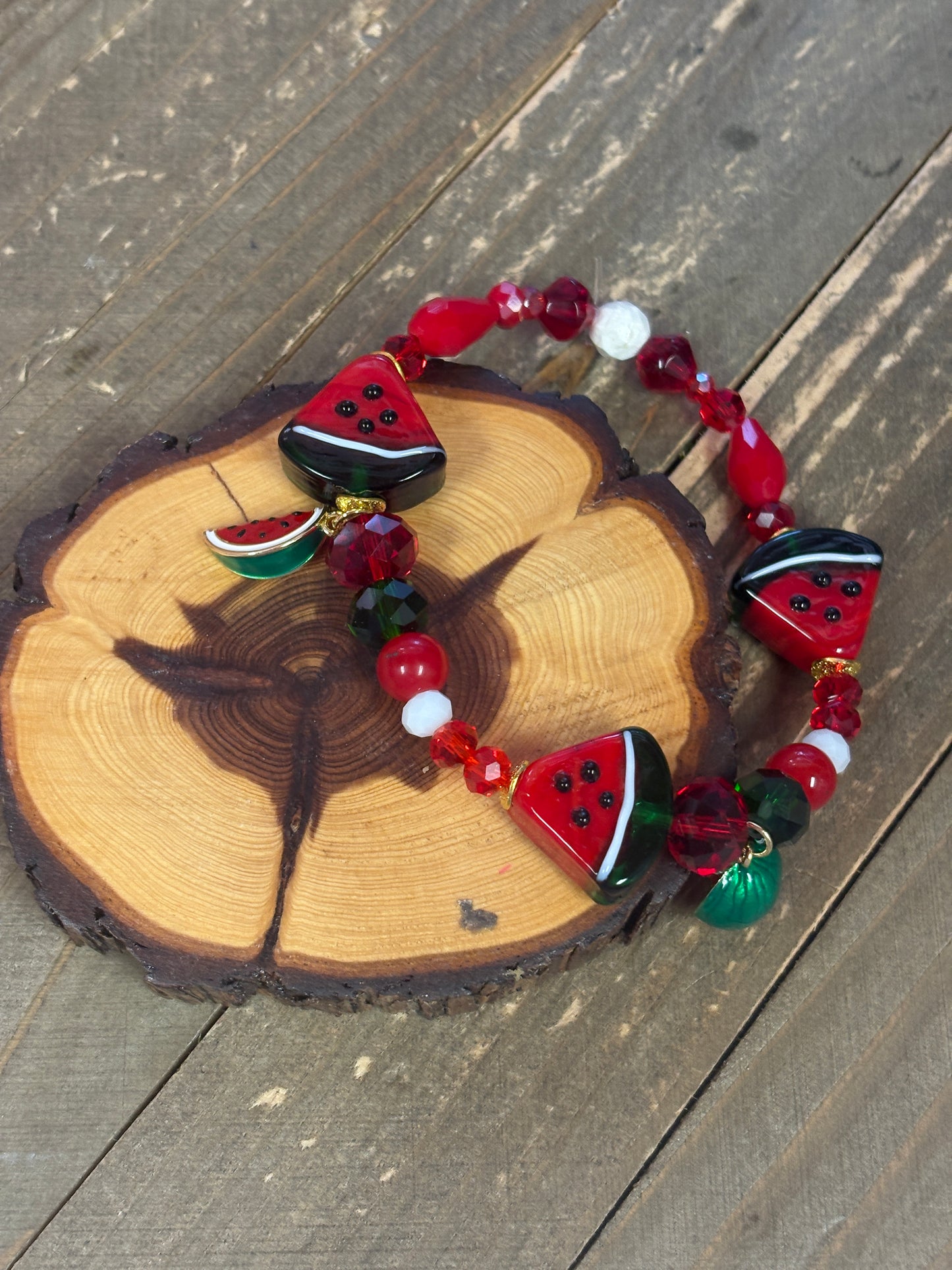 🍉 Watermelon Lampwork Glass Beaded Stretch Bracelet