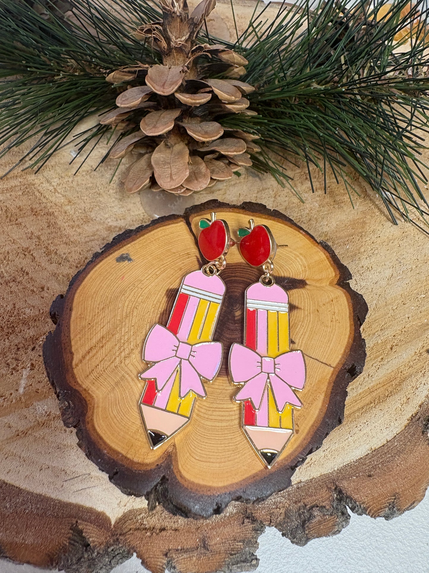 Pencil & Apple Bow Drop Earrings