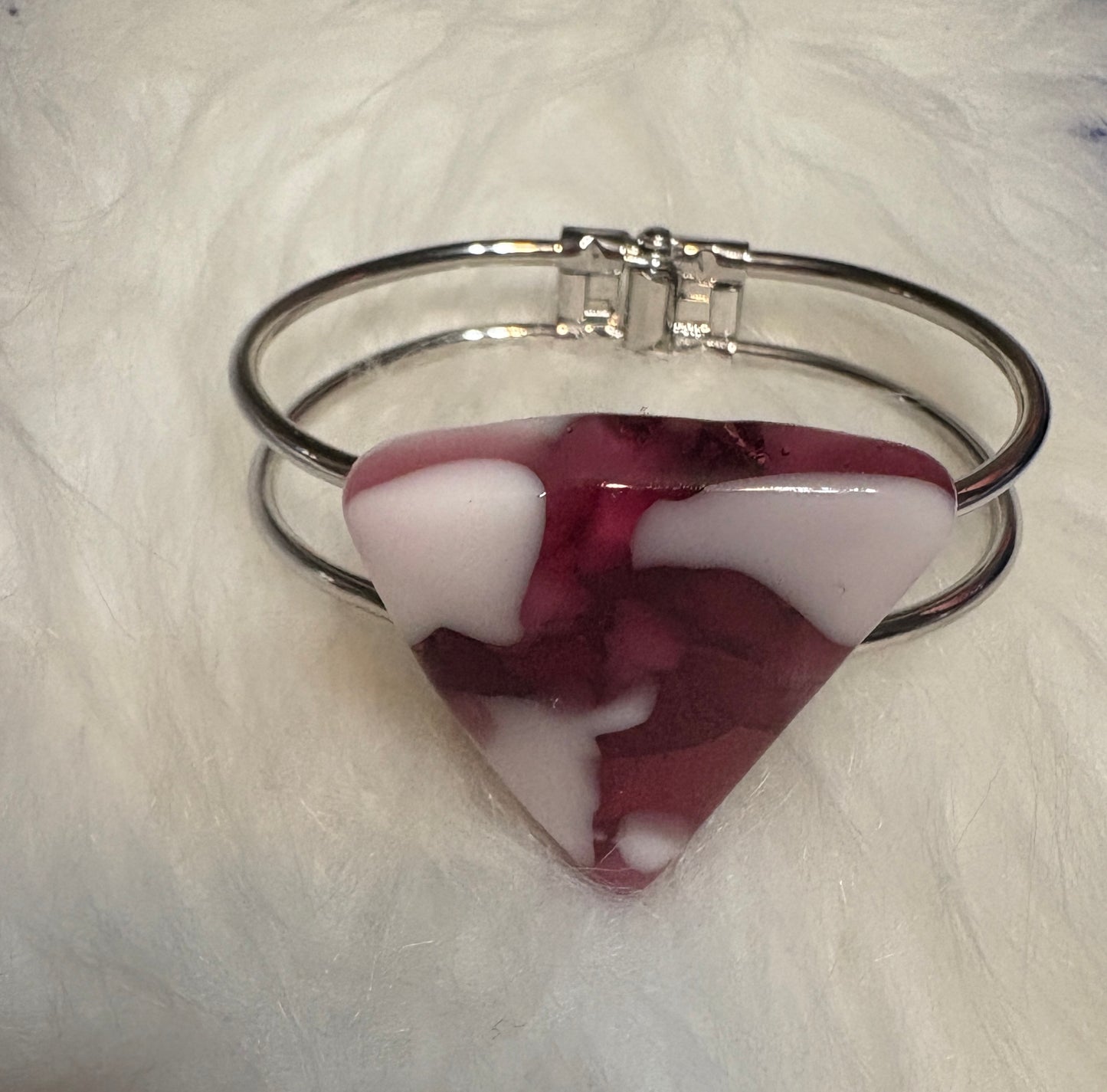 Fused Glass Pink & White Triangle Silver Bracelet