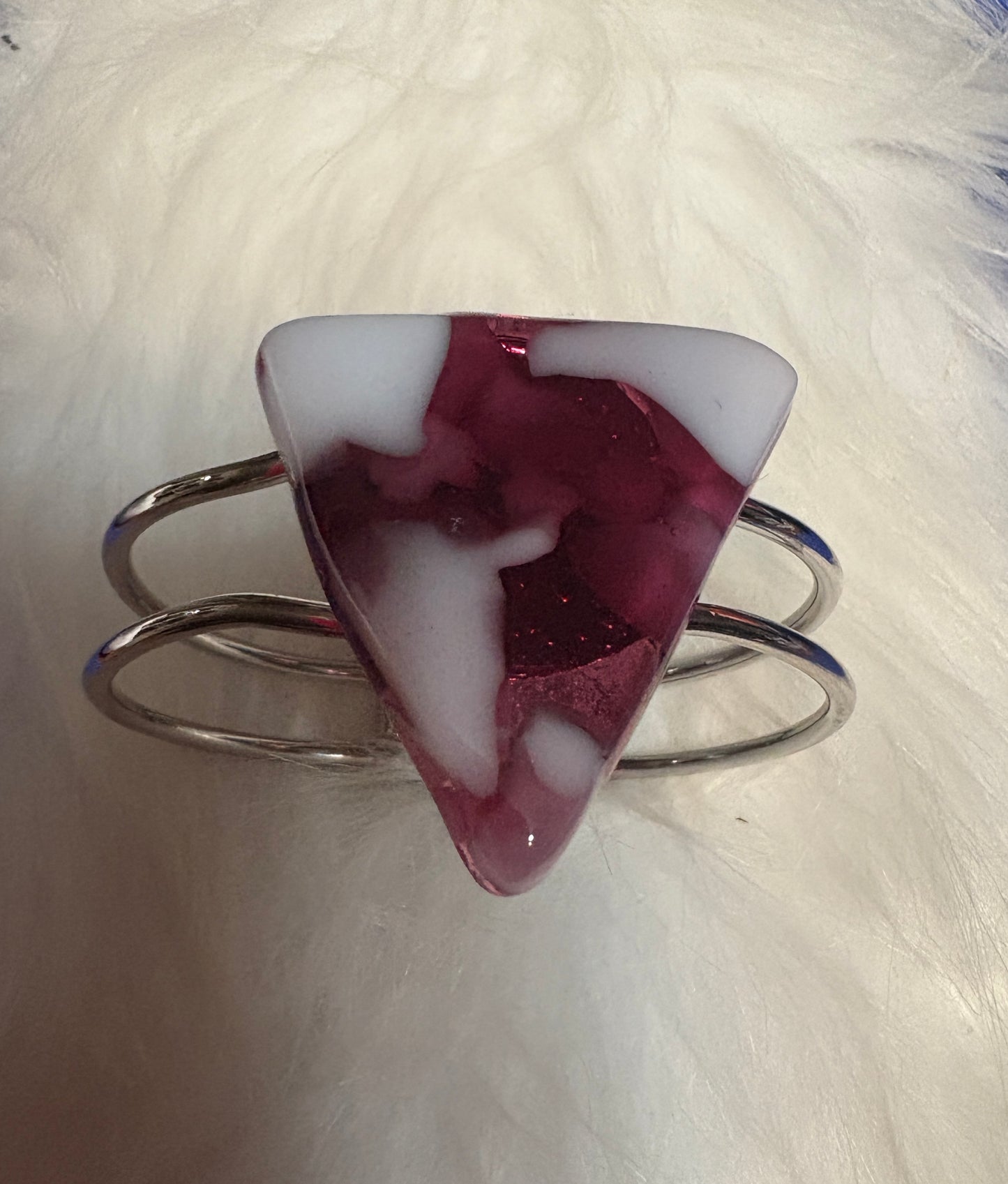Fused Glass Pink & White Triangle Silver Bracelet