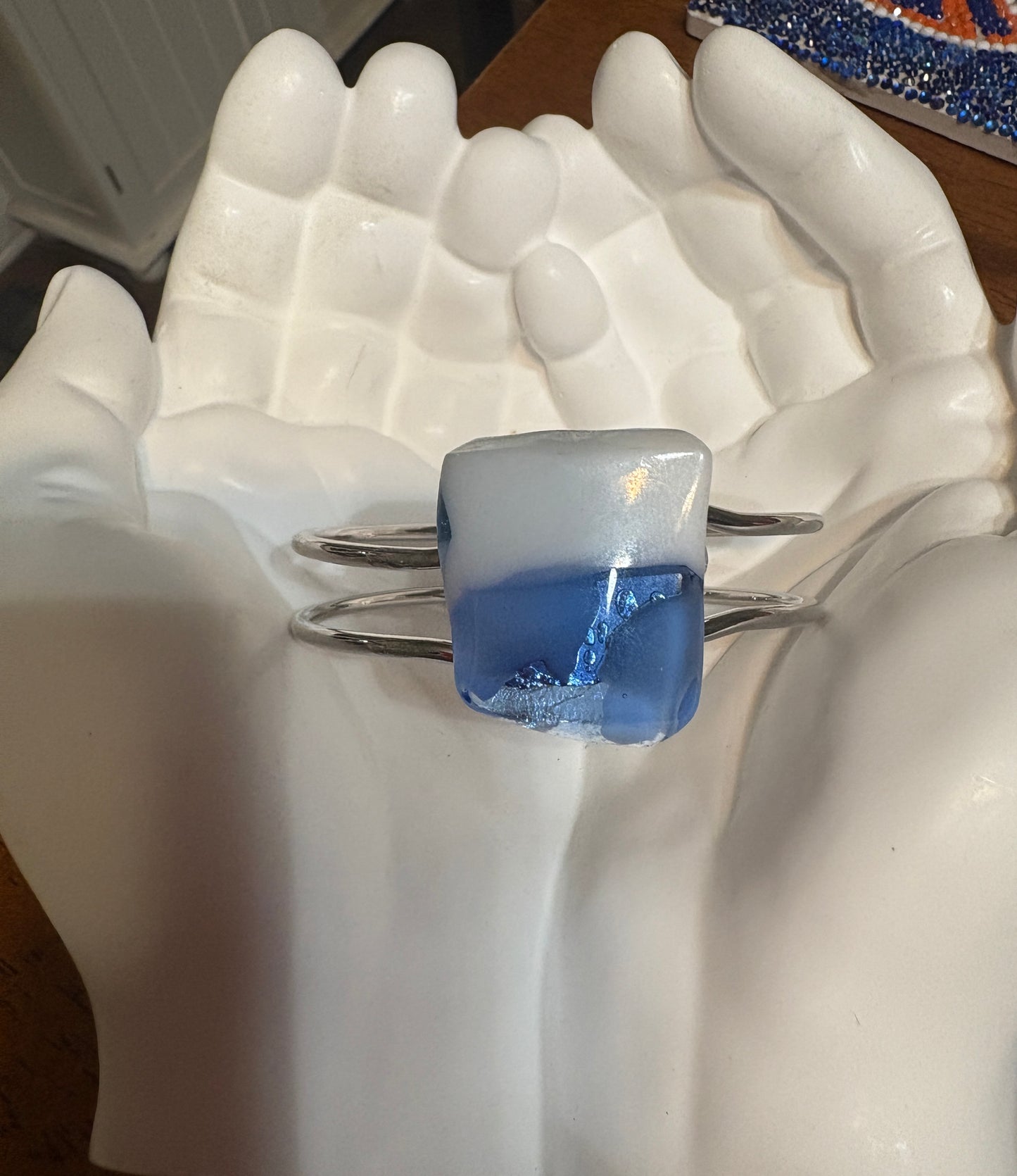 Fused Glass White & Blue square Silver Bracelet