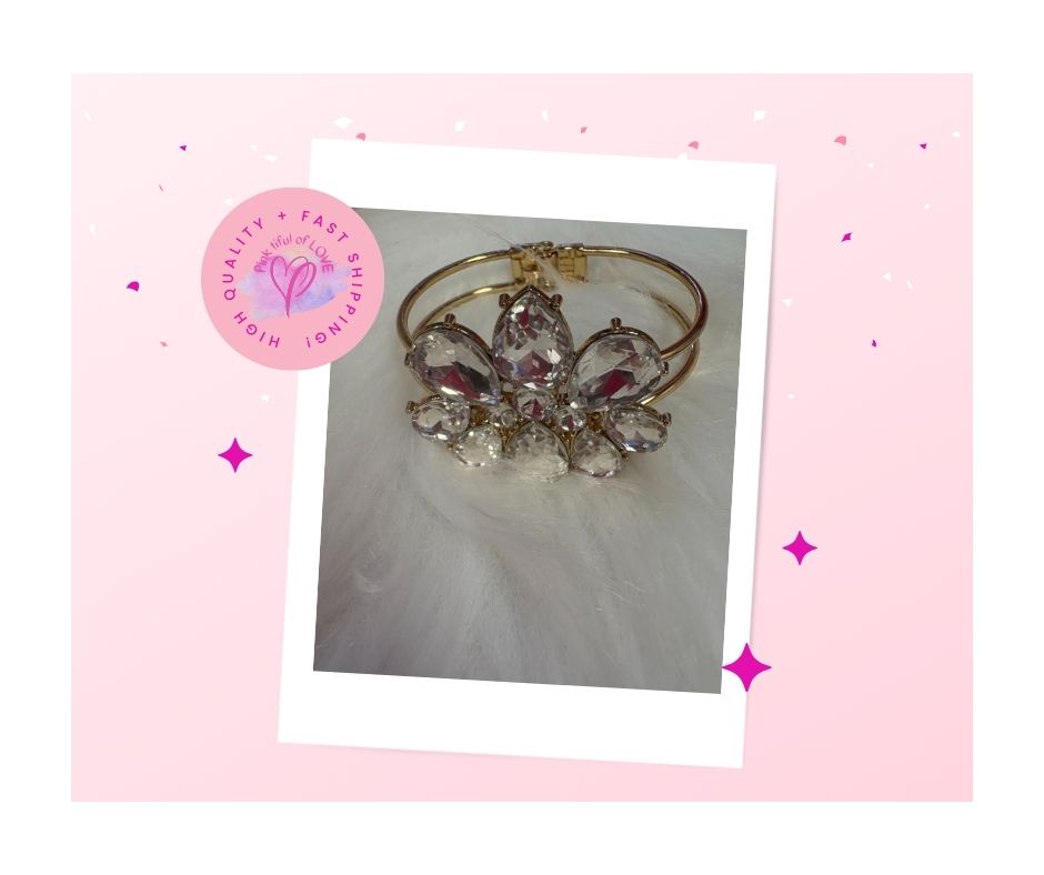 Gold Frame White Gem Flower Hinged Bracelet