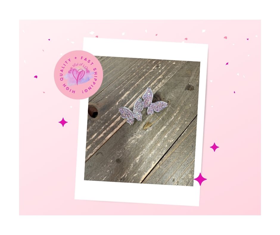 Pink  Iridescent Rhinestone Butterfly Silver Stud Earrings