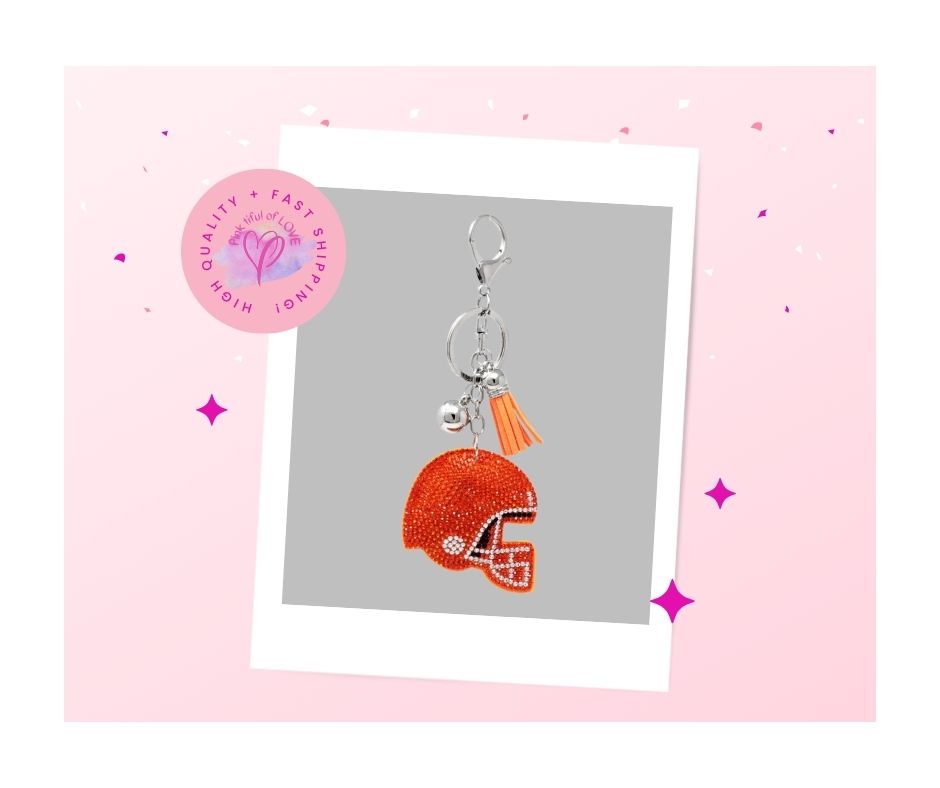 Bling Crystal Orange Football Helmet Key Chain