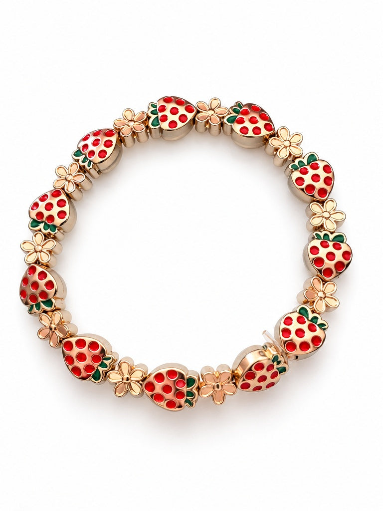 Red Strawberry & Gold Flower Beaded Stretch Bracelet — Enamel, Zinc Alloy, 7"