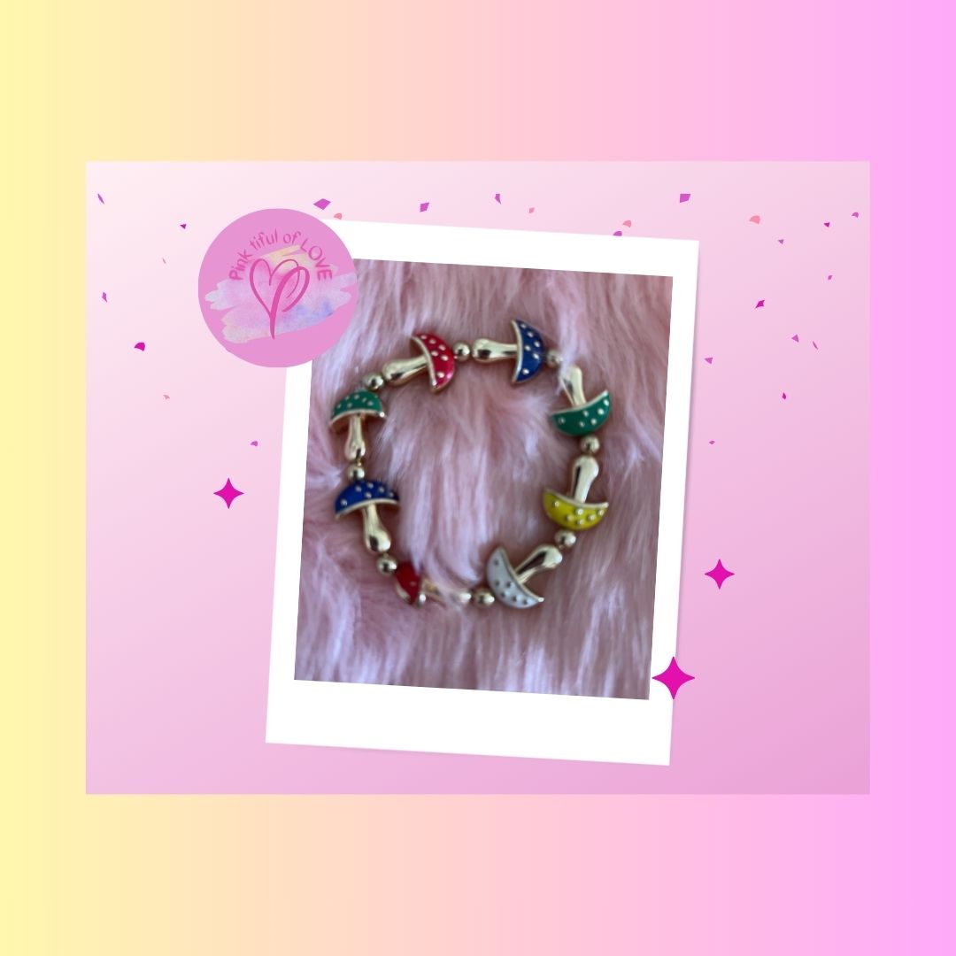 Multicolor Enamel Metal Mushroom beaded Stretch braceletPink tiful of LOVE