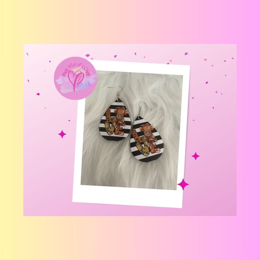 LOVE Cow Faux Leather Teardrop Wire EarringsPink tiful of LOVE