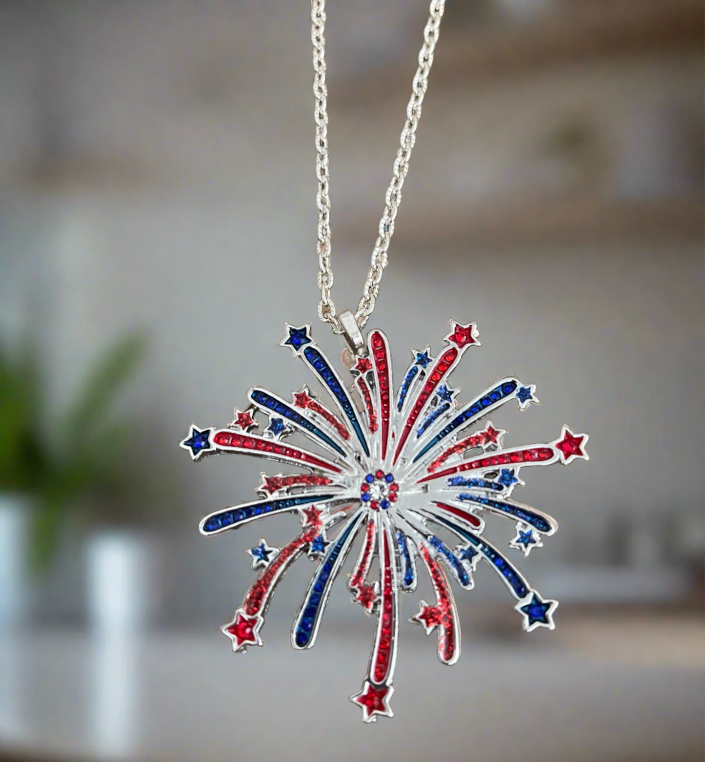 Patriotic Red, White & Blue Fireworks Pendant on a Silver chain NecklacePink tiful of LOVE