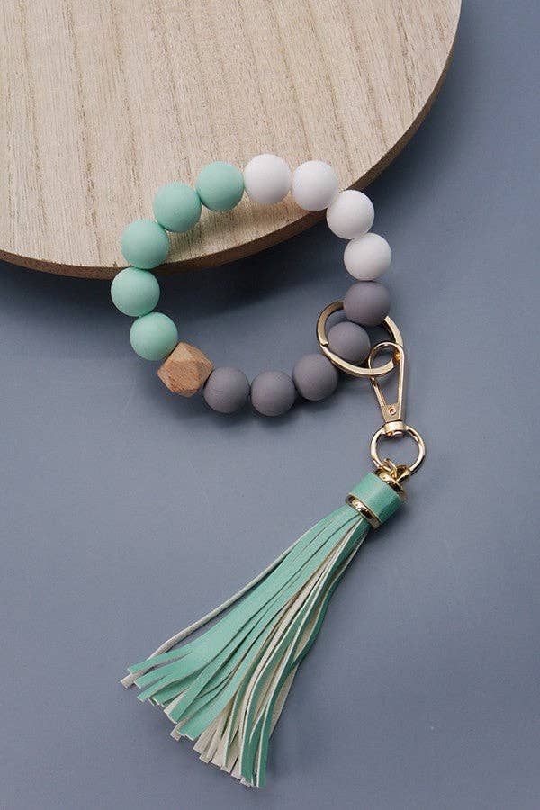 Mint & Grey Beaded Wristlet Keychain with Tassel