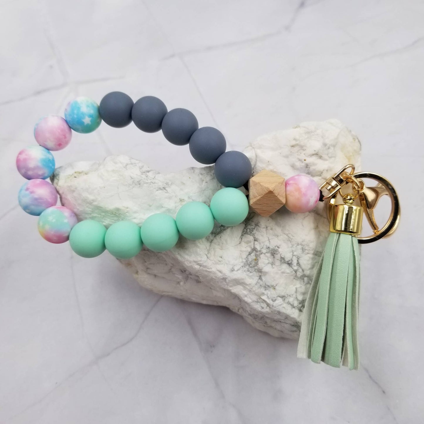 Tie-Dye Silicone Bead Bangle Keychain – Mint, Galaxy & Grey Wristlet with Tassel