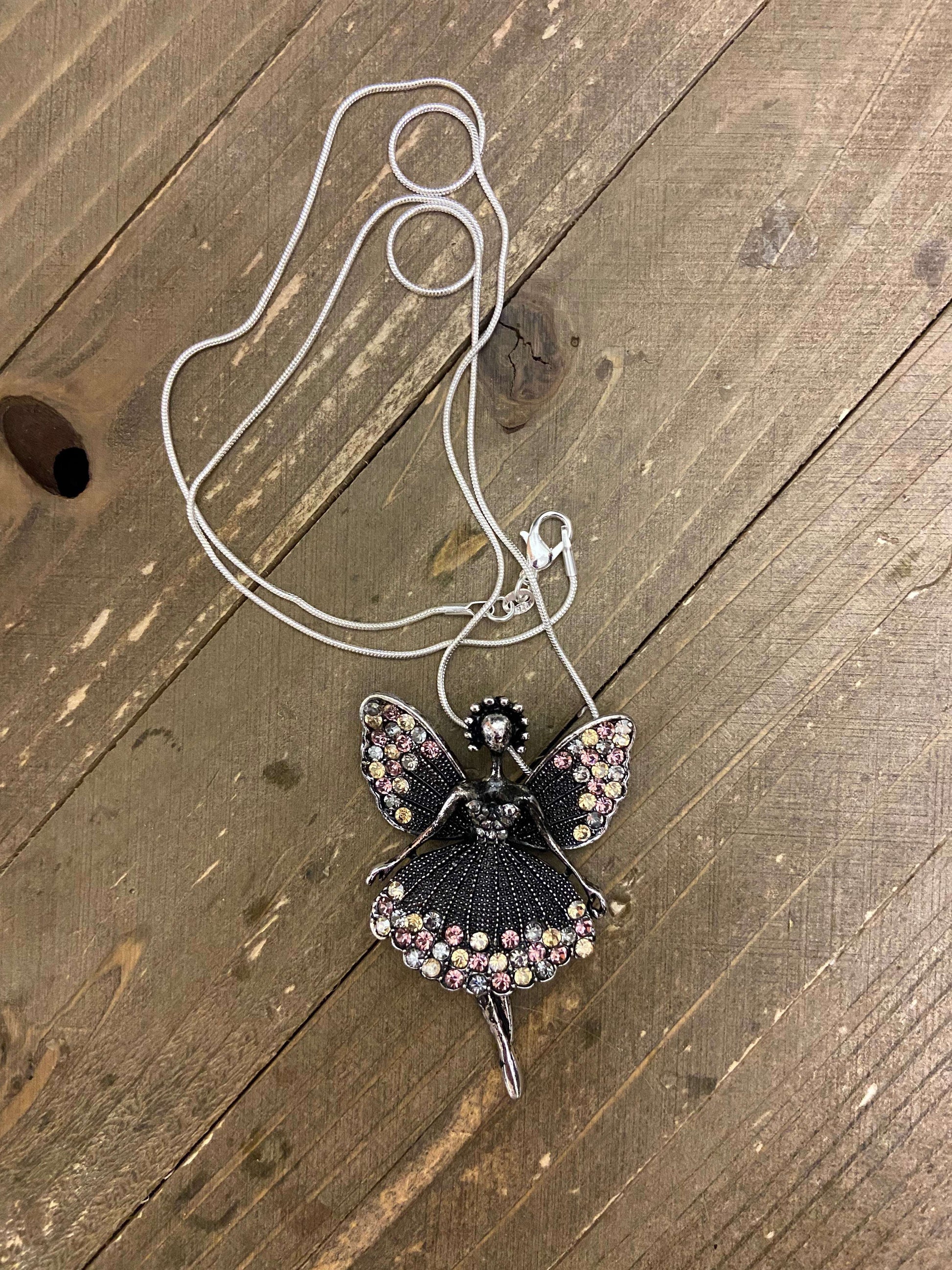 Angel Fairy in Antique Silver and Rhinestones Pendant on a Silver chain NecklacePink tiful of LOVE