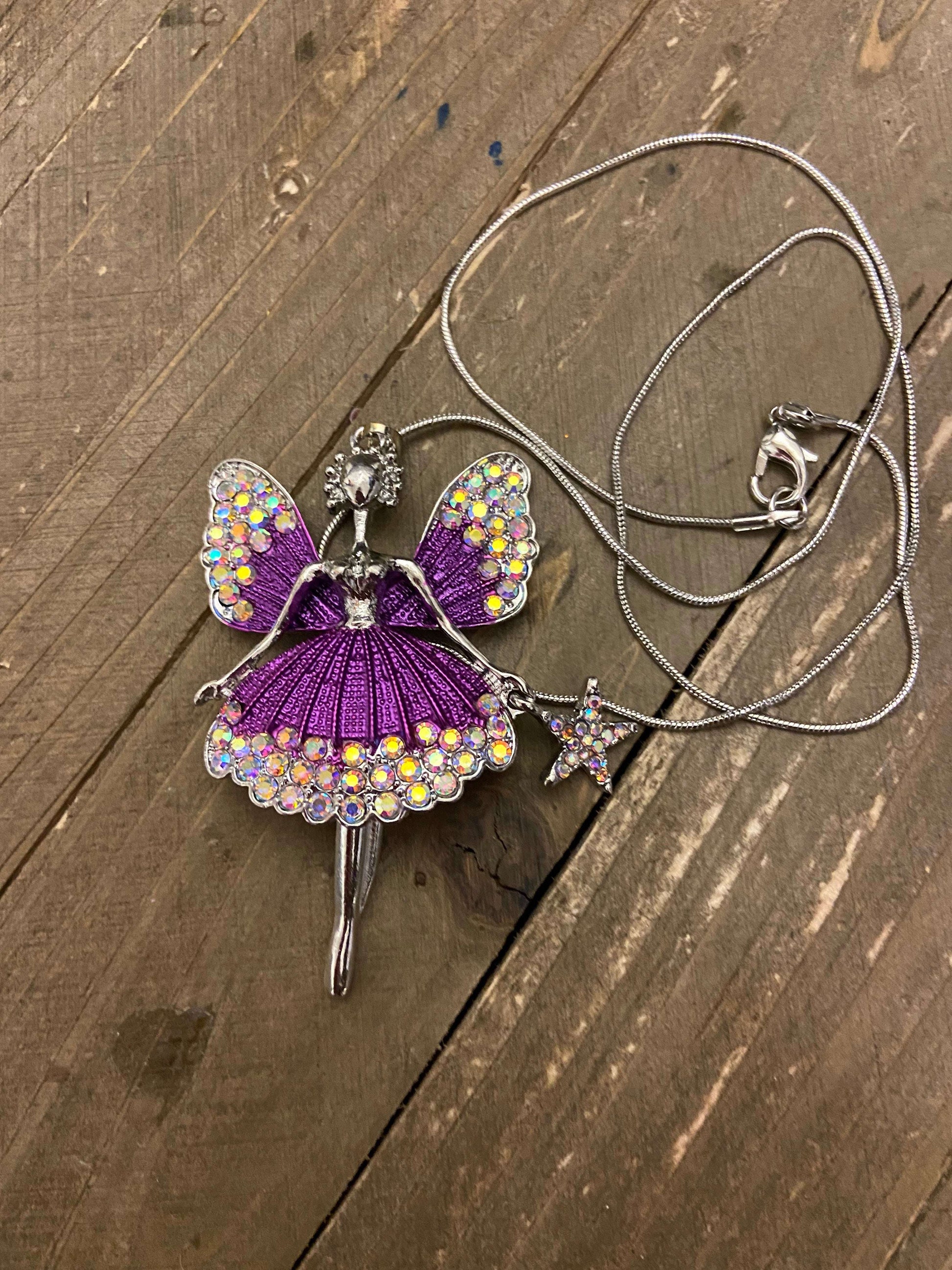 Angel Fairy in purple and Rhinestones Pendant on a Silver chain NecklacePink tiful of LOVE