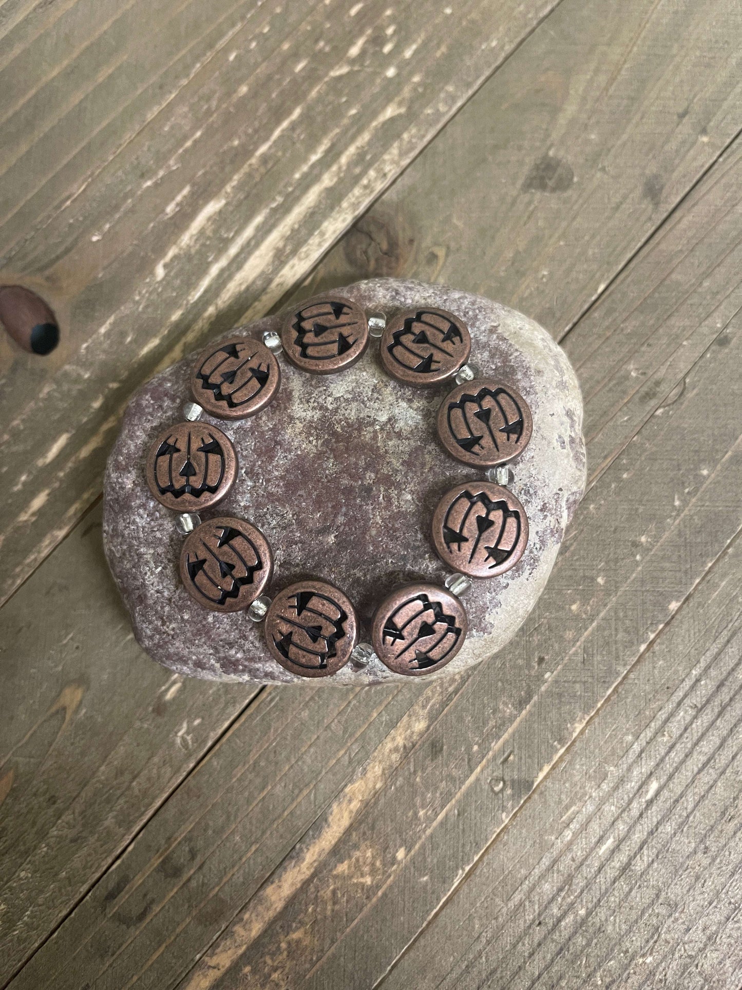 Antique Copper Jack-O'-Lantern Metal Beaded Elastic/Stretch BraceletPink tiful of LOVE