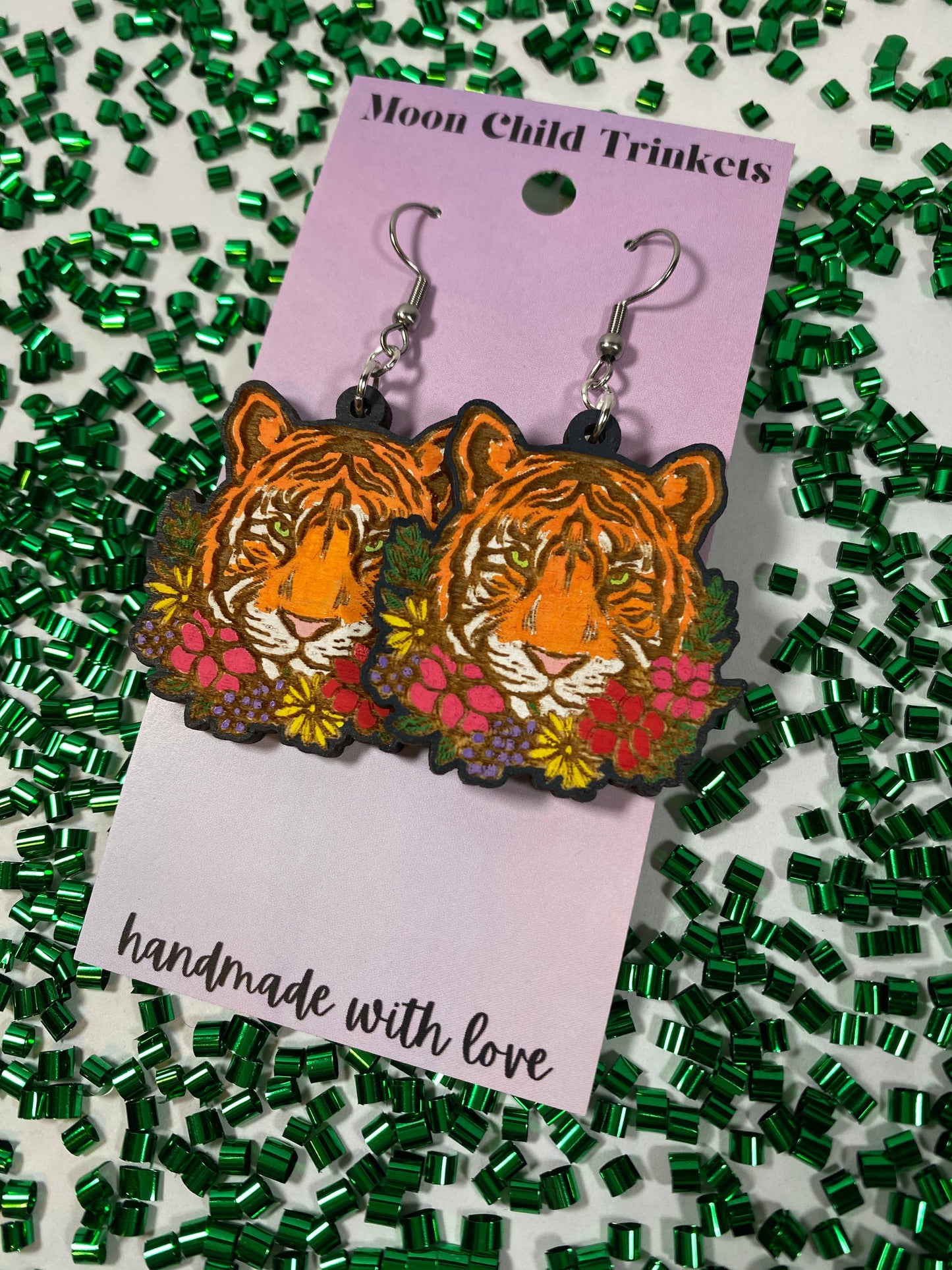 Bengal Tiger Hand Painted Wooden Wire EarringsPink tiful of LOVE