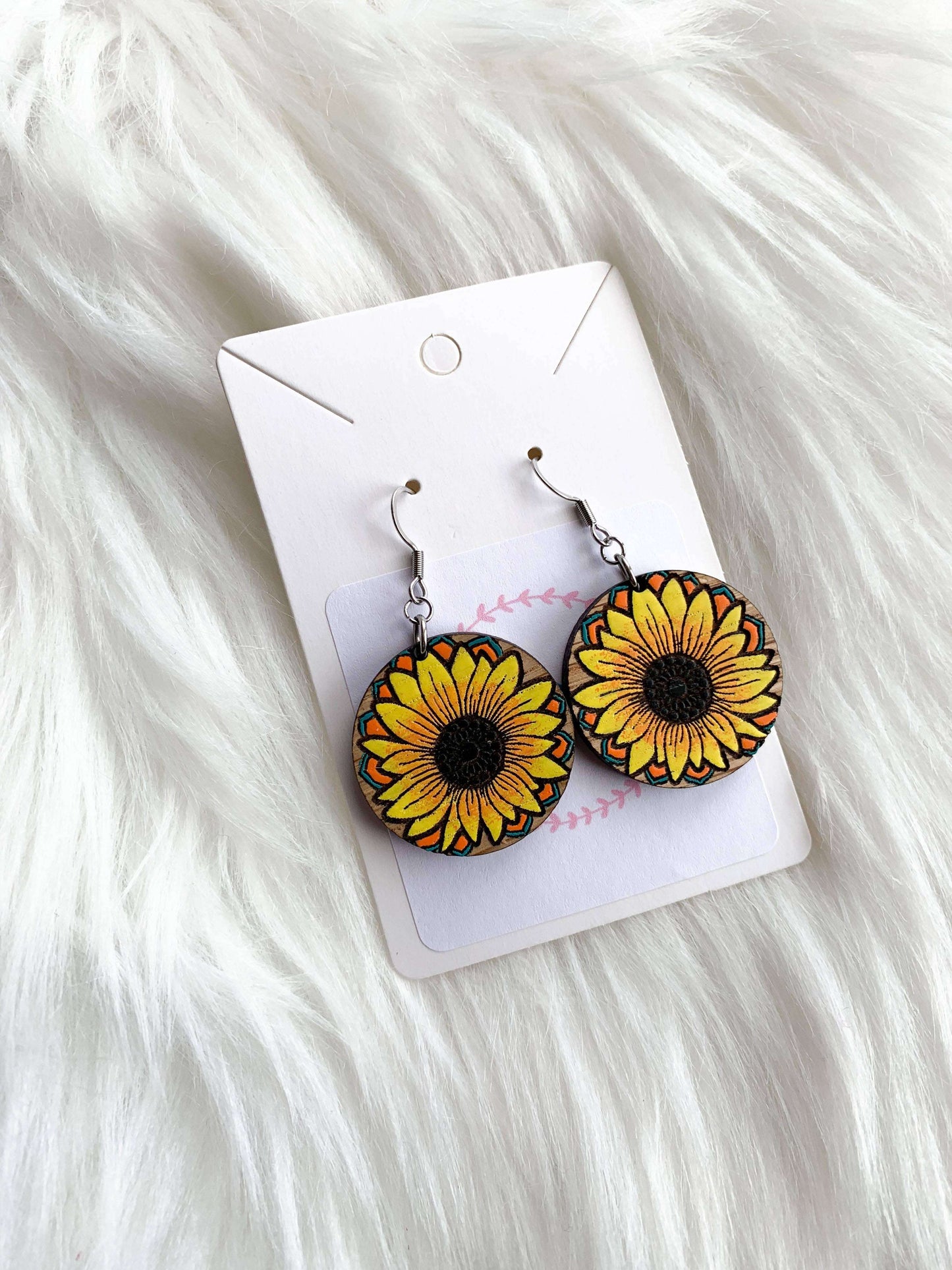 Round white Oak Sunflower Wooden wire EarringsPink tiful of LOVE