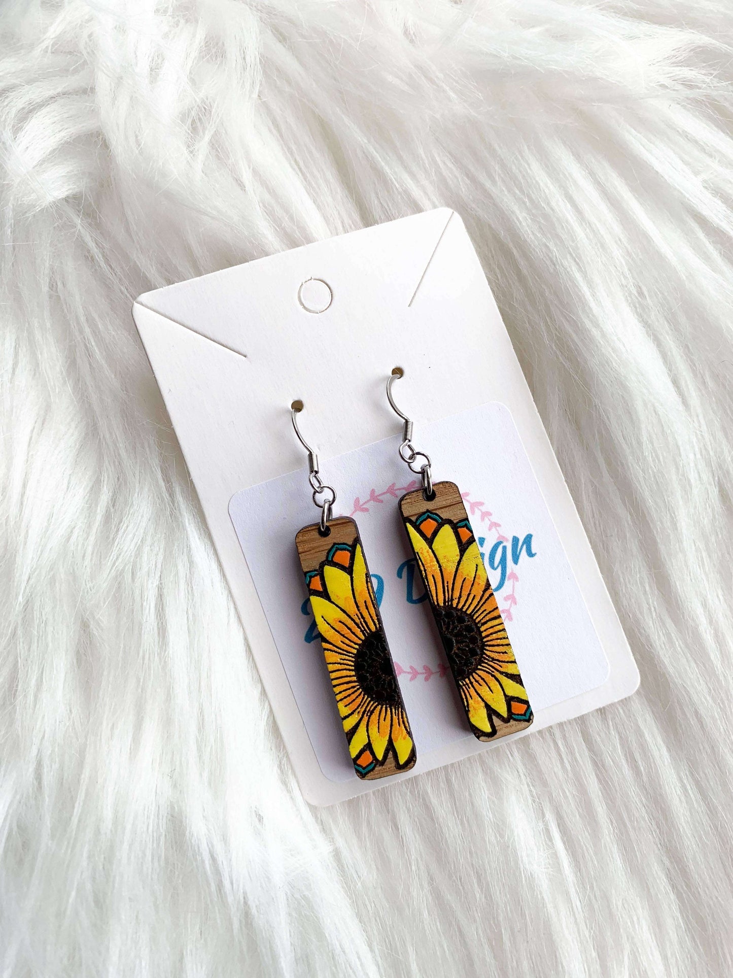 Bar Shaped Maple Sunflower Wooden wire EarringsPink tiful of LOVE