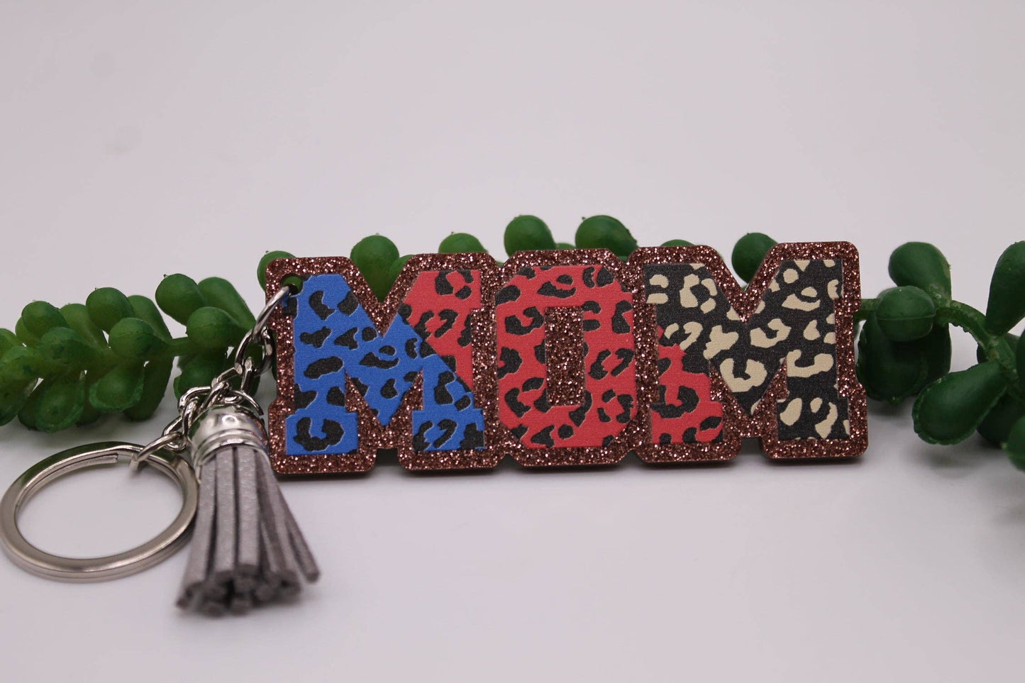 MOM Leopard Print Glitter Keychain with Tassel