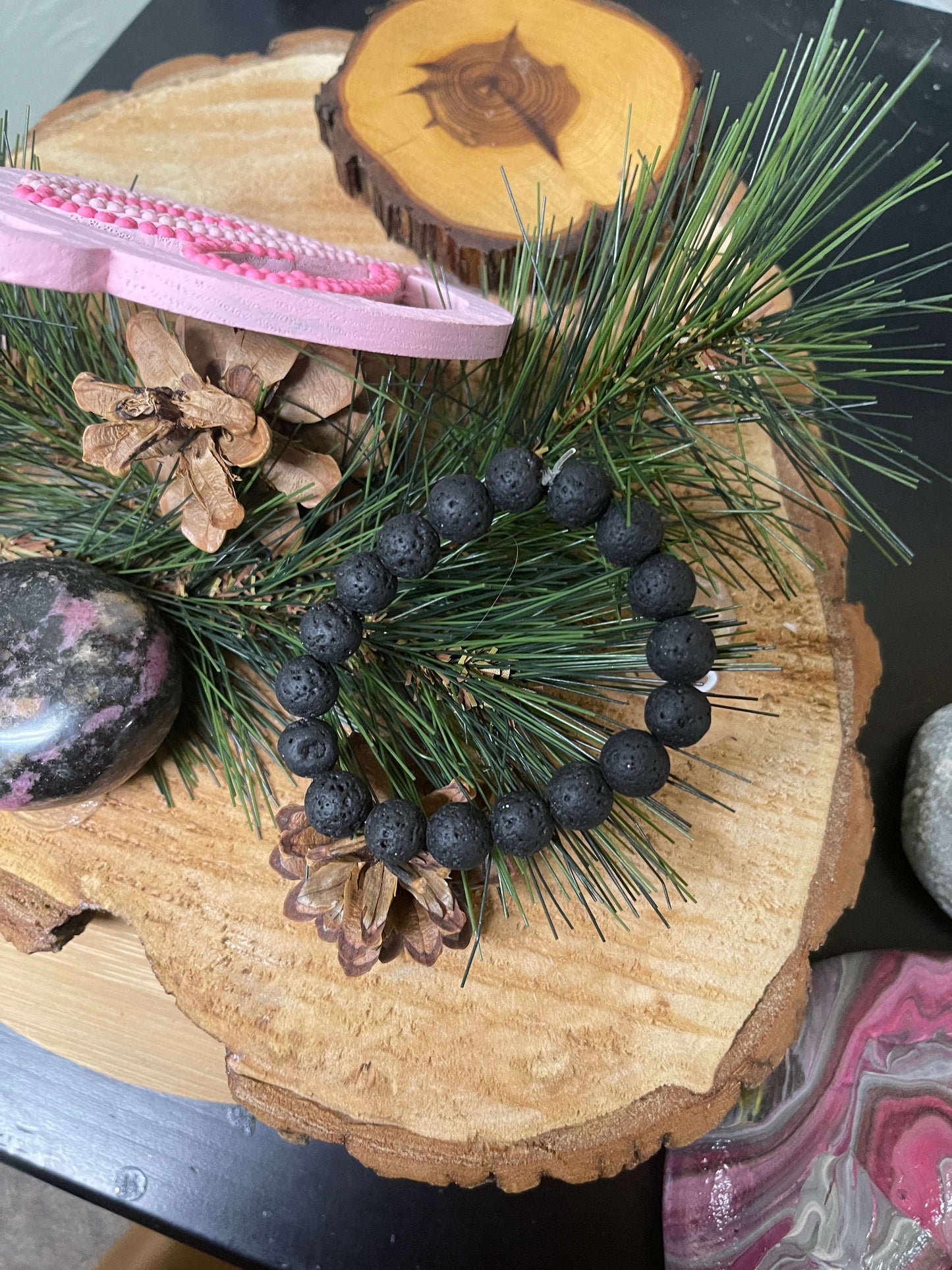 Black Lava Stone (10mm) Beaded Elastic/Stretch BraceletPink tiful of LOVE