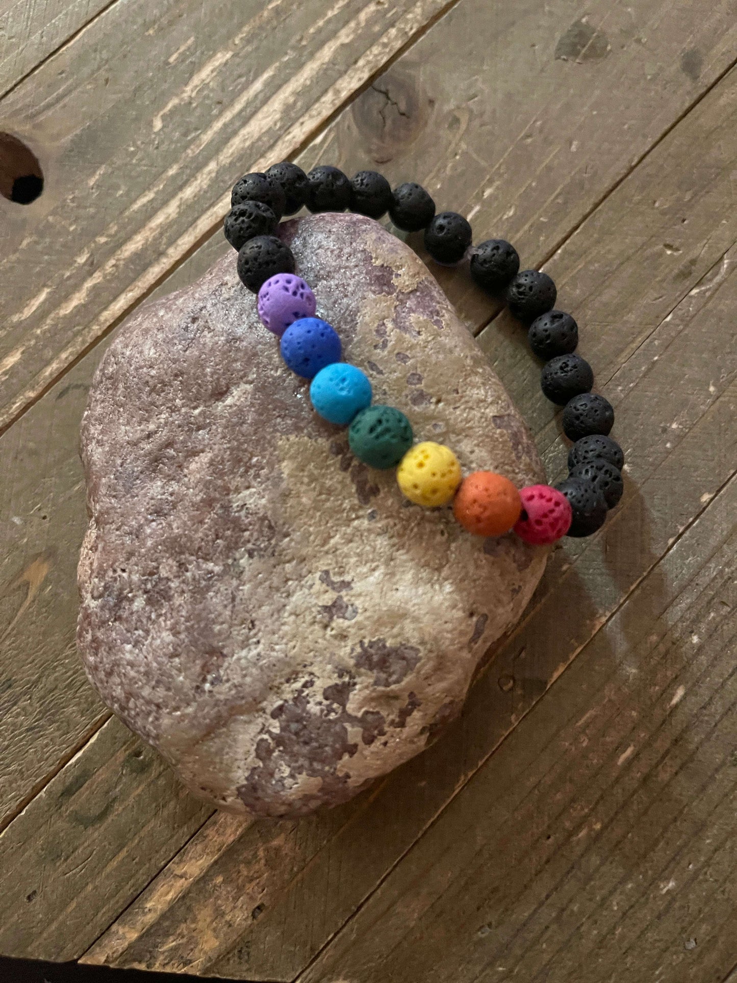 Black Lava Stone (8mm) with Chakra colors Lava beaded Elastic/Stretch BraceletPink tiful of LOVE