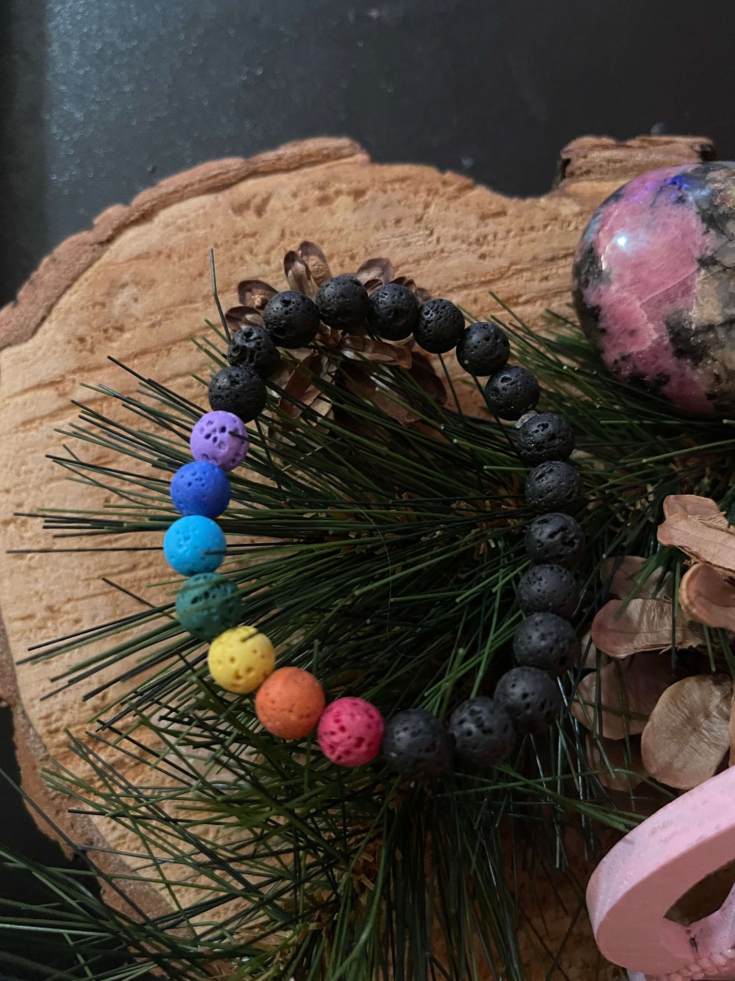 Black Lava Stone (8mm) with Chakra colors Lava beaded Elastic/Stretch BraceletPink tiful of LOVE