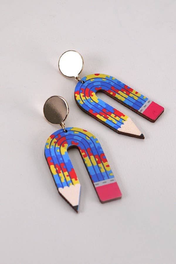 U SHAPE PENCIL WOOD DROP EARRING
