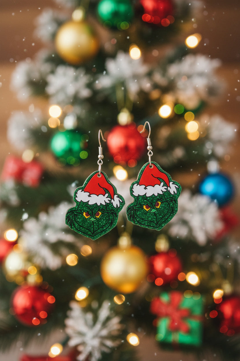 Green Glitter Grinch Santa Hat Earrings – Festive Acrylic Holiday Dangles