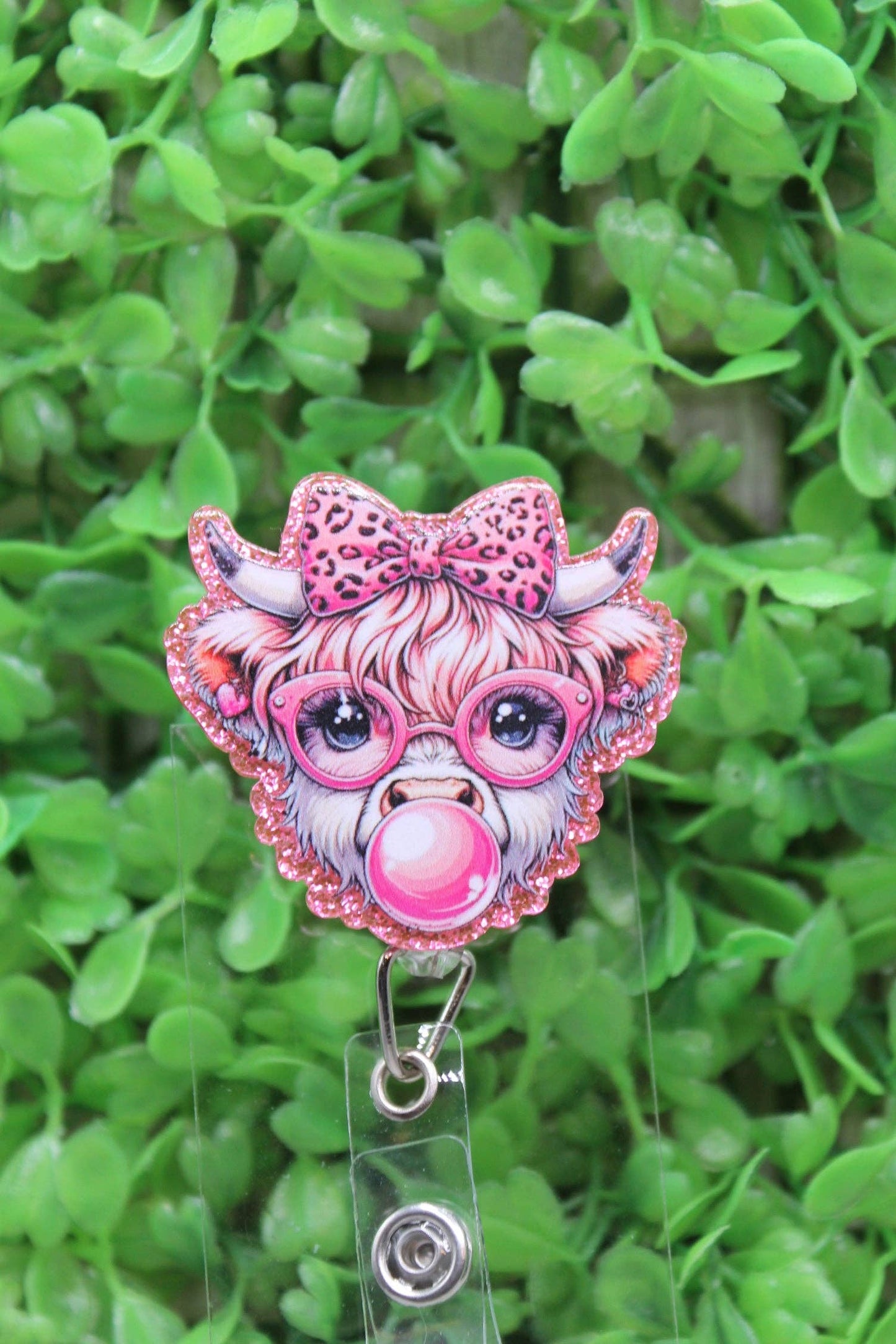 Pink Bubblegum Highland Cow Glitter Emblem – Badge Reel, Brooch, or Tie Tack m