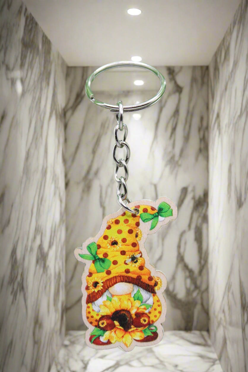 🌻 Sunflower Gnome Wooden Keychain