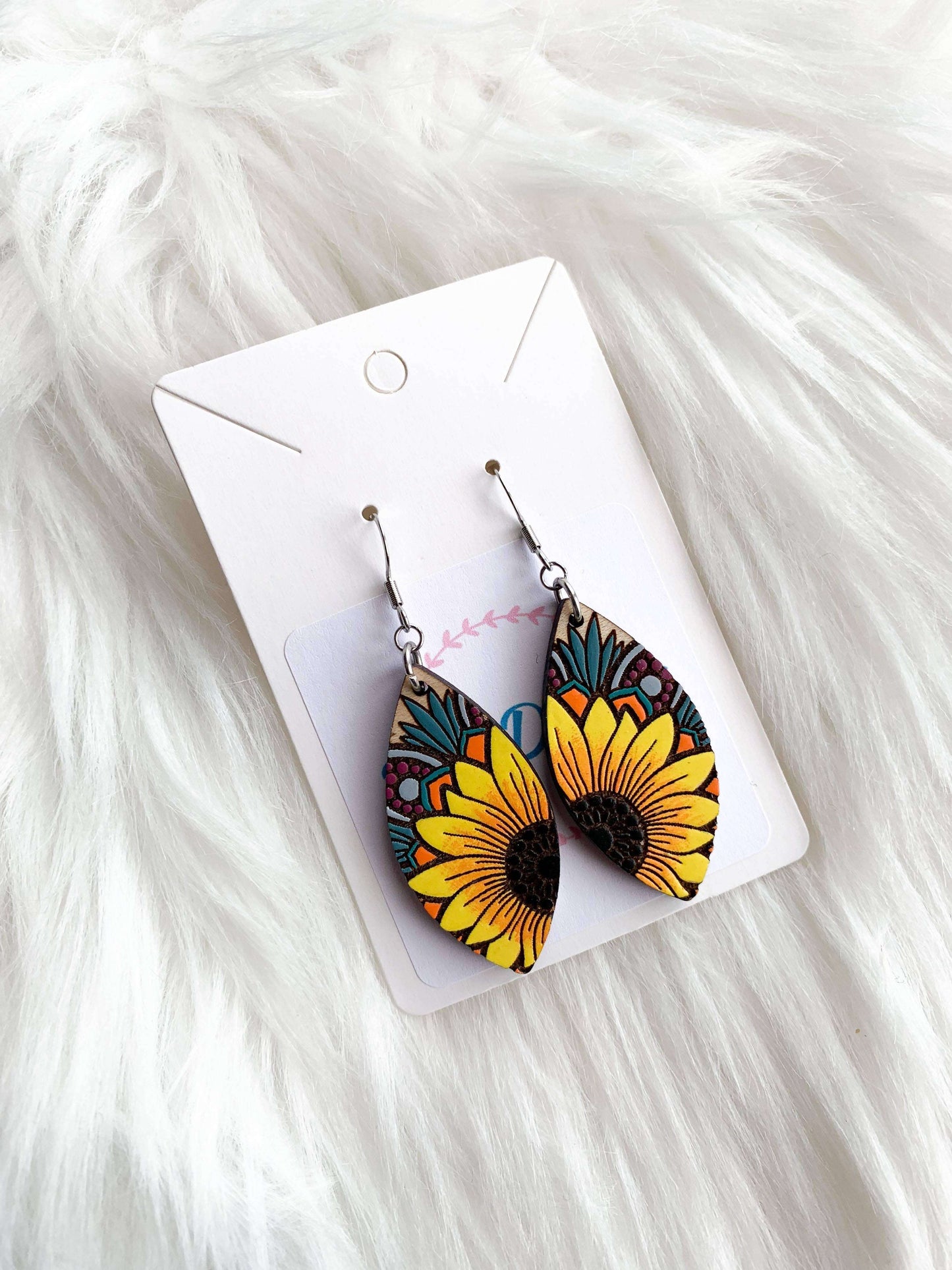 Teardrop Maple Fancy Sunflower Wooden wire EarringsPink tiful of LOVE