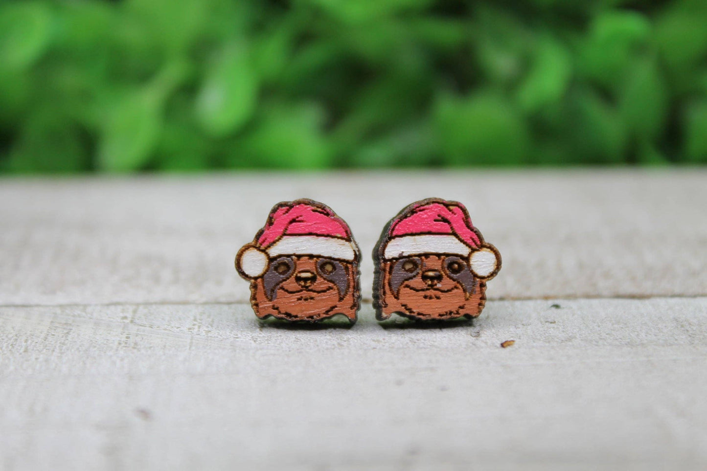 Santa Sloth Wooden Stud Earrings – Handmade Hypoallergenic Holiday Jewelry