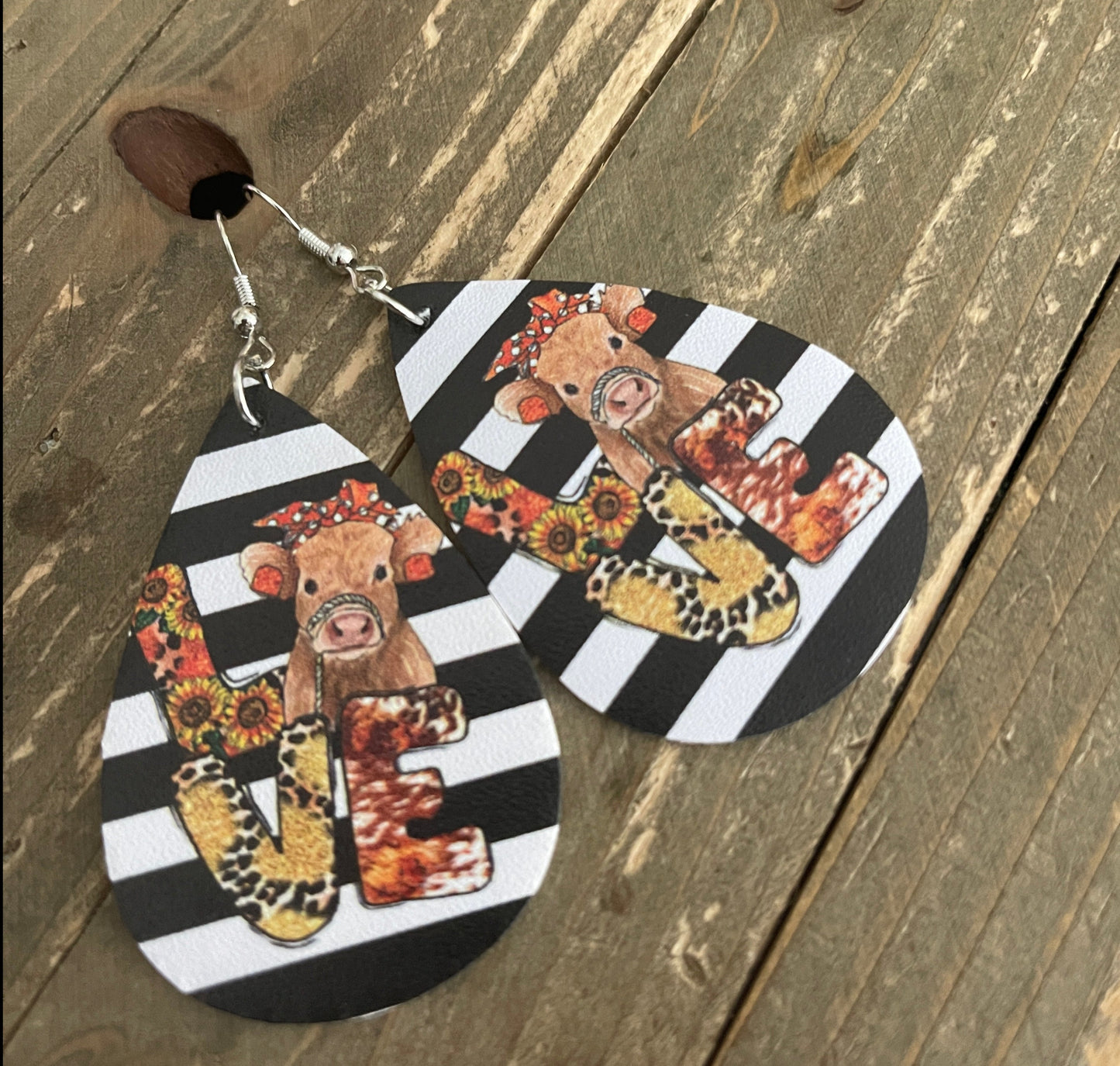 LOVE Cow Faux Leather Teardrop Wire EarringsPink tiful of LOVE