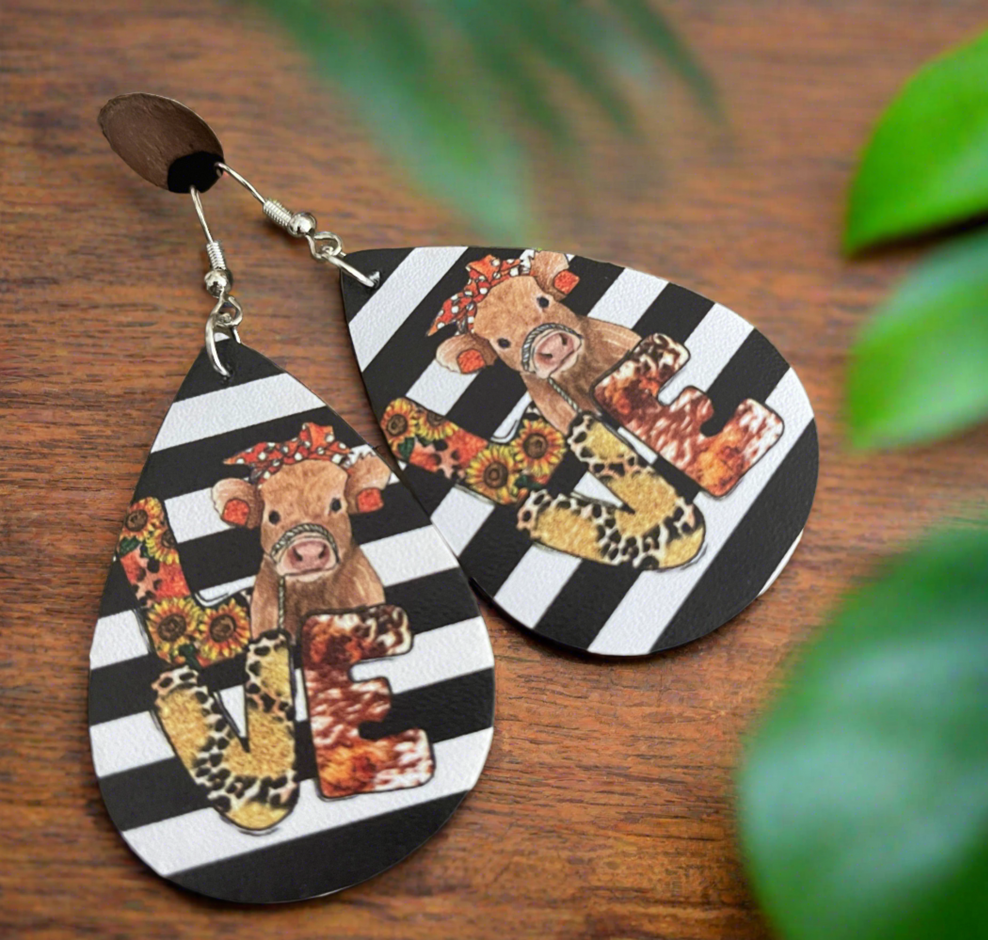 LOVE Cow Faux Leather Teardrop Wire EarringsPink tiful of LOVE