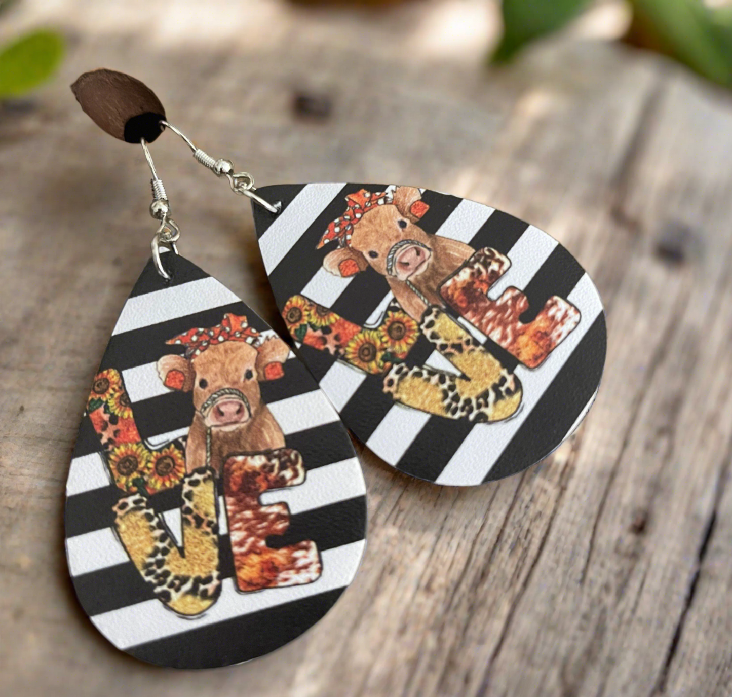 LOVE Cow Faux Leather Teardrop Wire EarringsPink tiful of LOVE