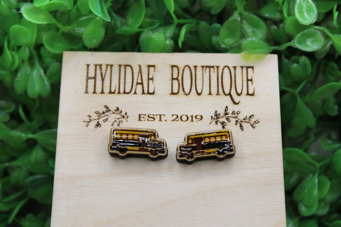 🚌 School Bus Wood Stud Earrings – Handmade Teacher Jewelry