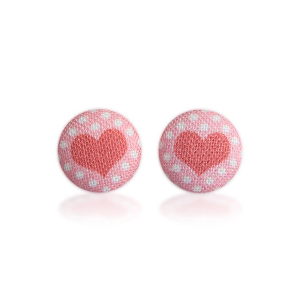 Polka Dot Heart Fabric (small) button Stud EarringsPink tiful of LOVE