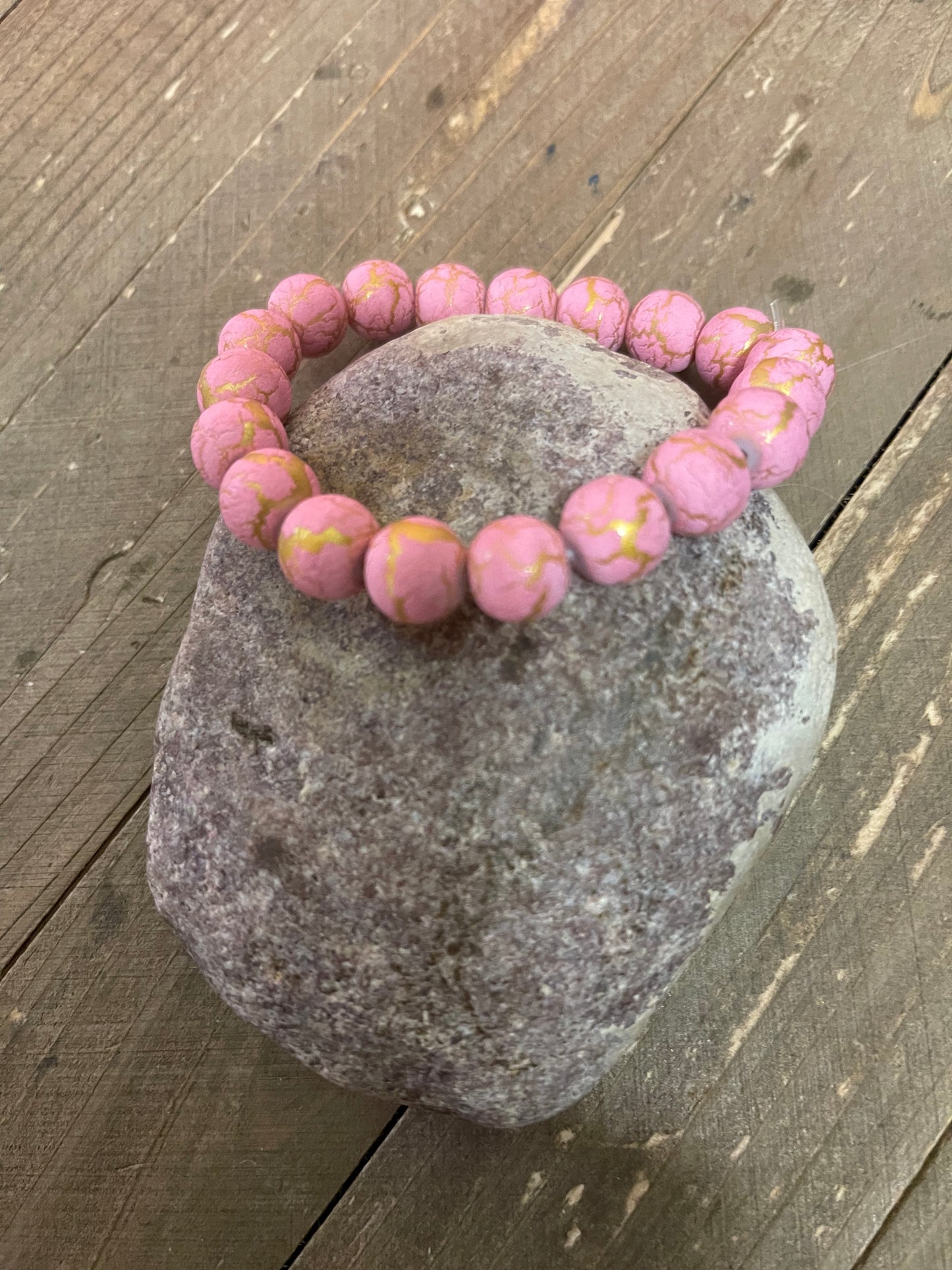 Pink & Gold Painted Glass Beaded Elastic/Stretch BraceletPink tiful of LOVE