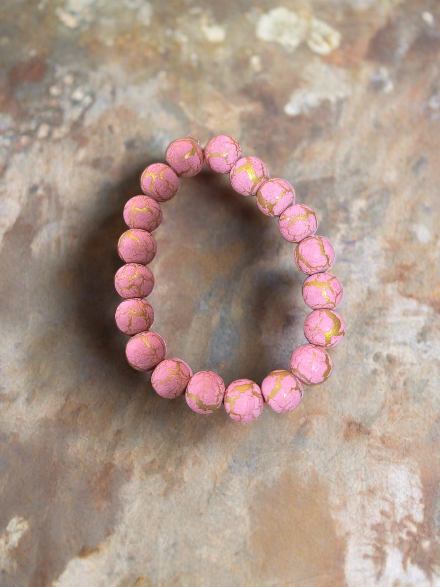 Pink & Gold Painted Glass Beaded Elastic/Stretch BraceletPink tiful of LOVE