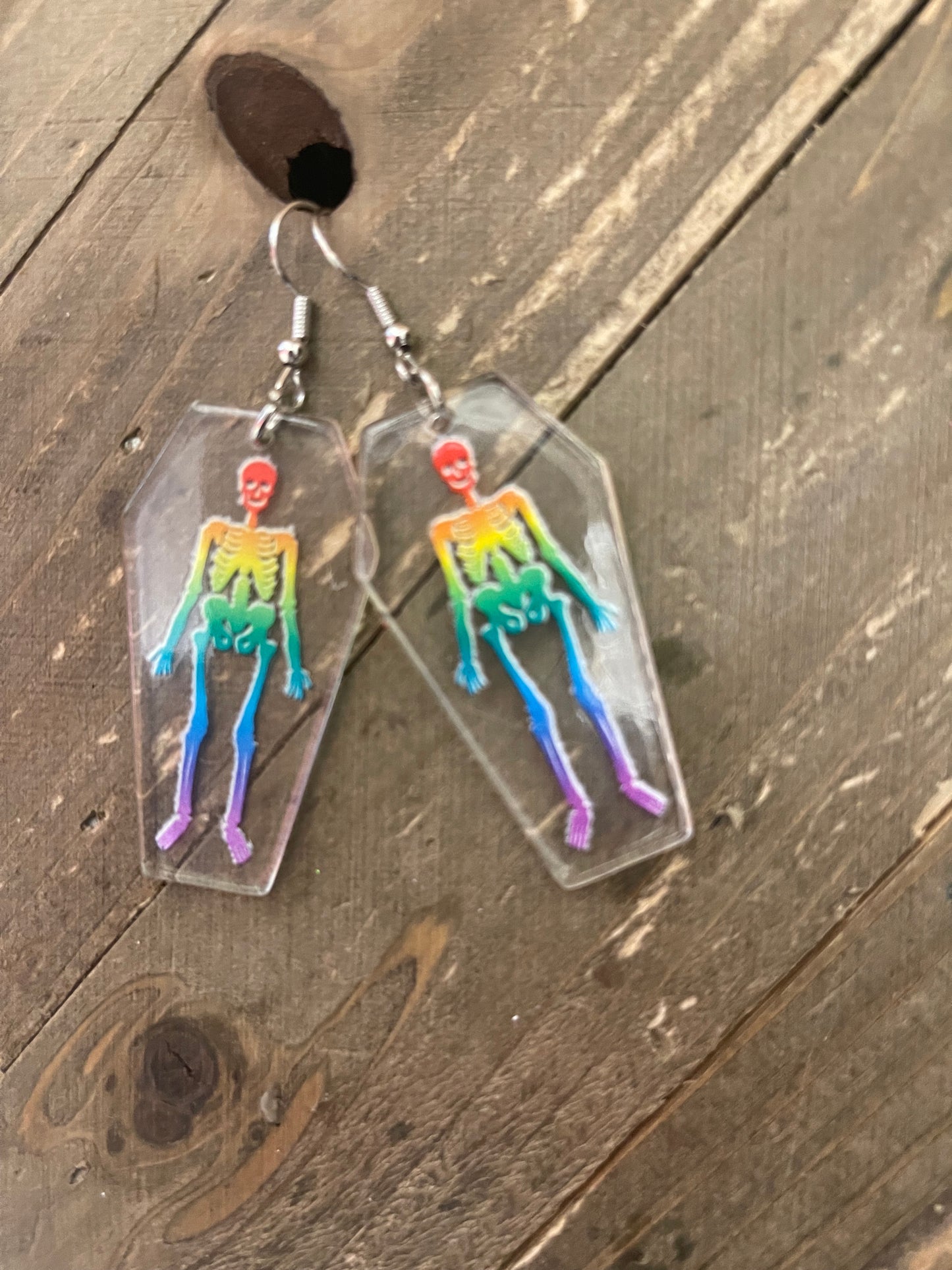 Rainbow Skeleton in a Acrylic coffin charm wire earringsPink tiful of LOVE