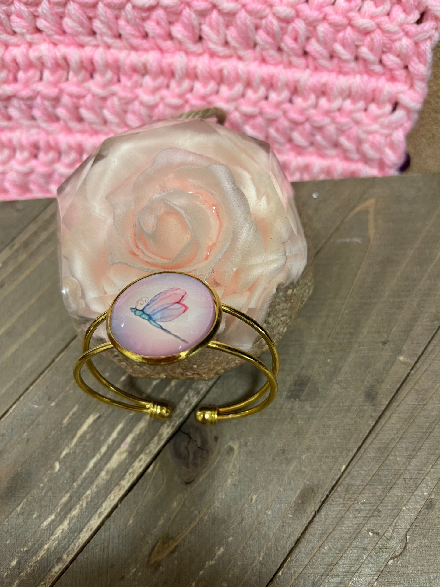 Dragonfly; touch of whimsy; Gold Cuff BraceletPink tiful of LOVE