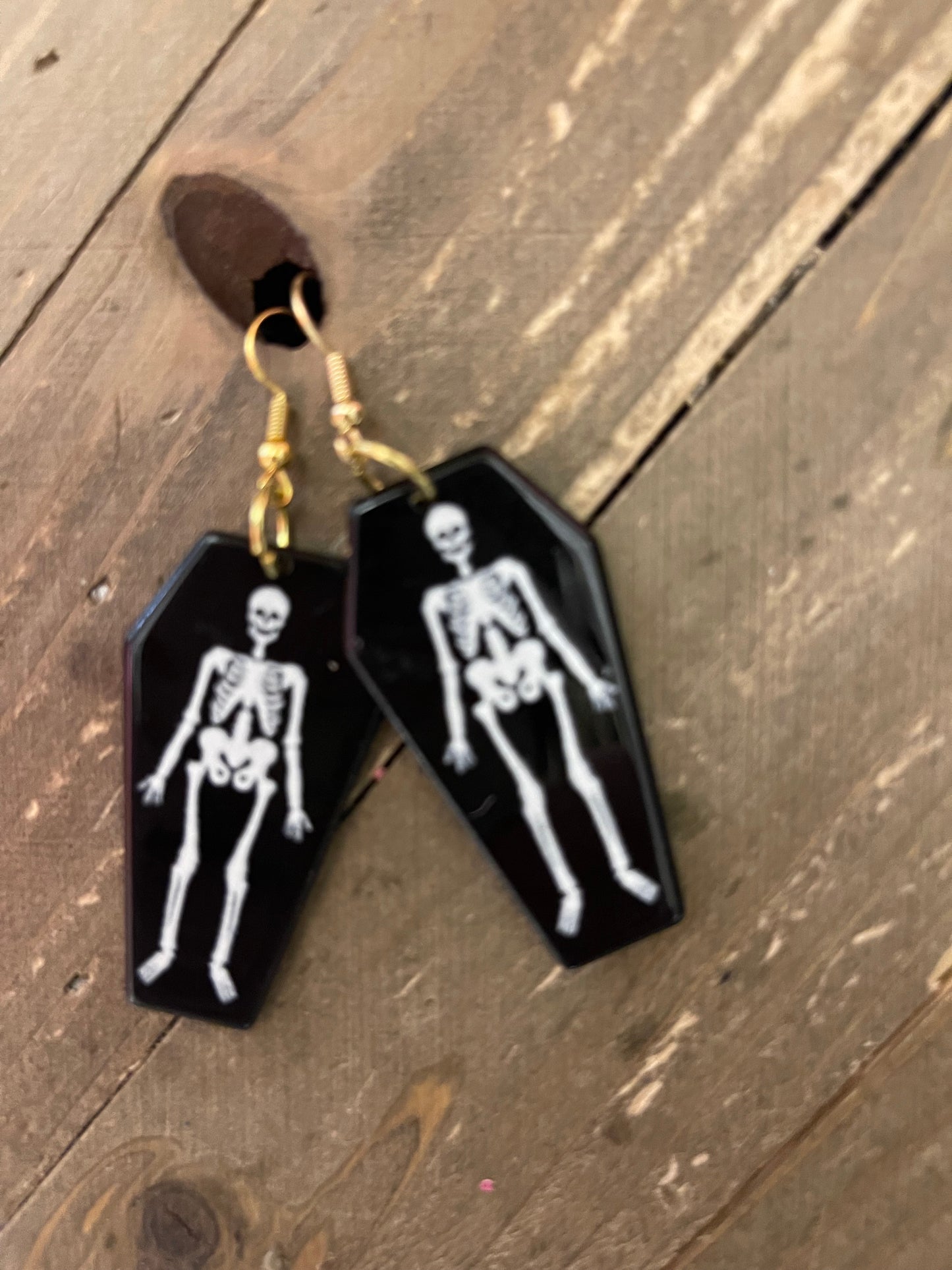 Skeleton in a Black Acrylic coffin charm wire earringsPink tiful of LOVE