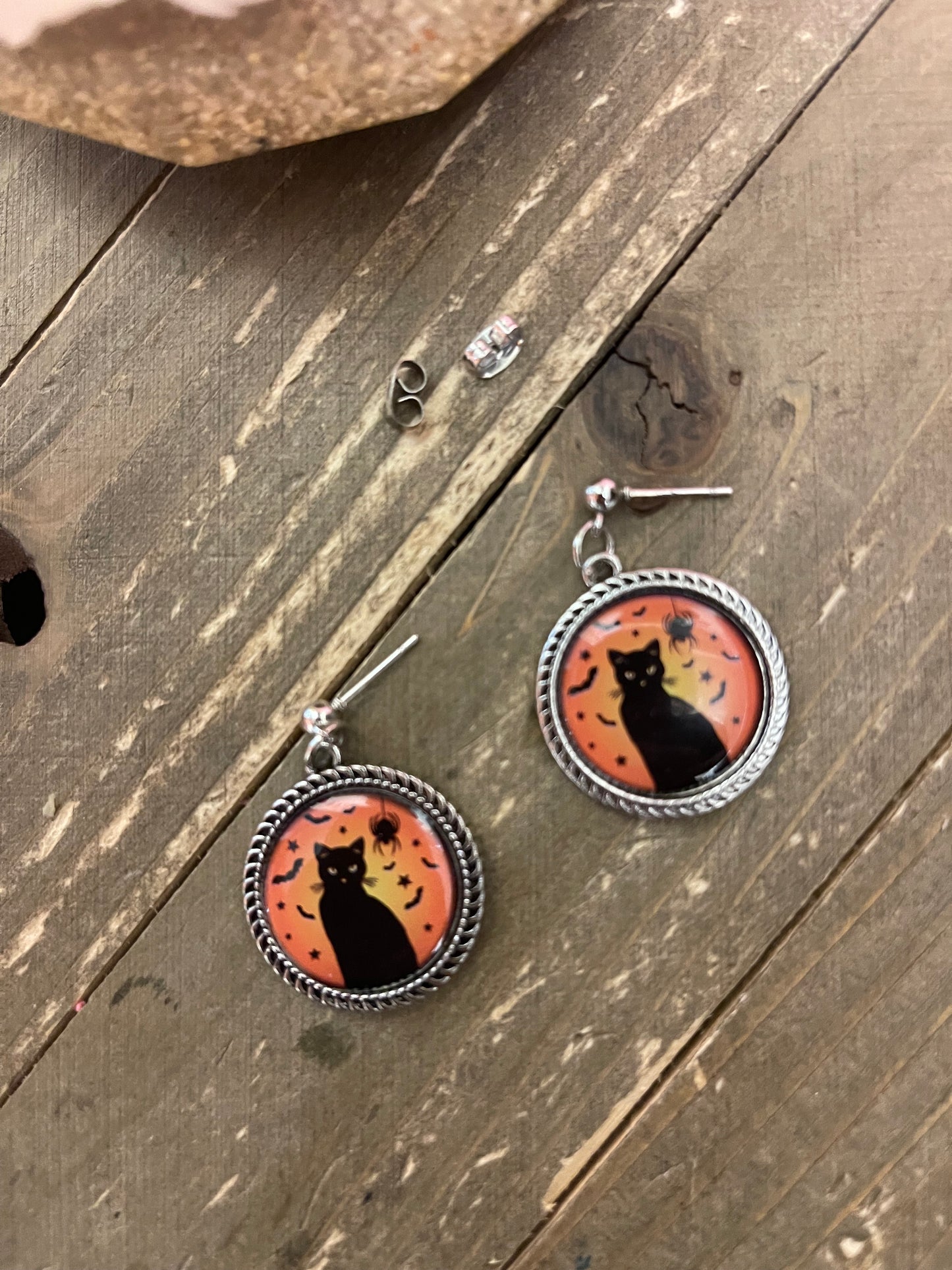 Black Cat Cabochon Charm on a ball Post earringsPink tiful of LOVE