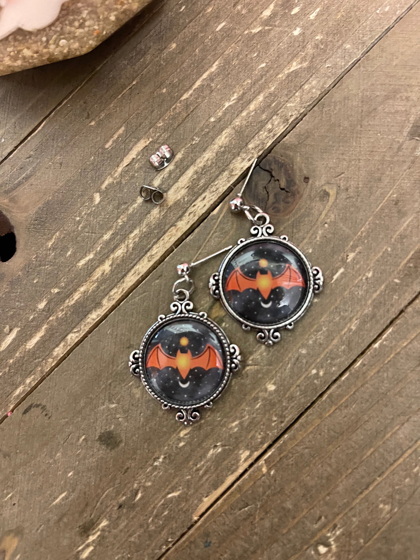 Halloween Bat Cabochon Charm on a ball Post earringsPink tiful of LOVE