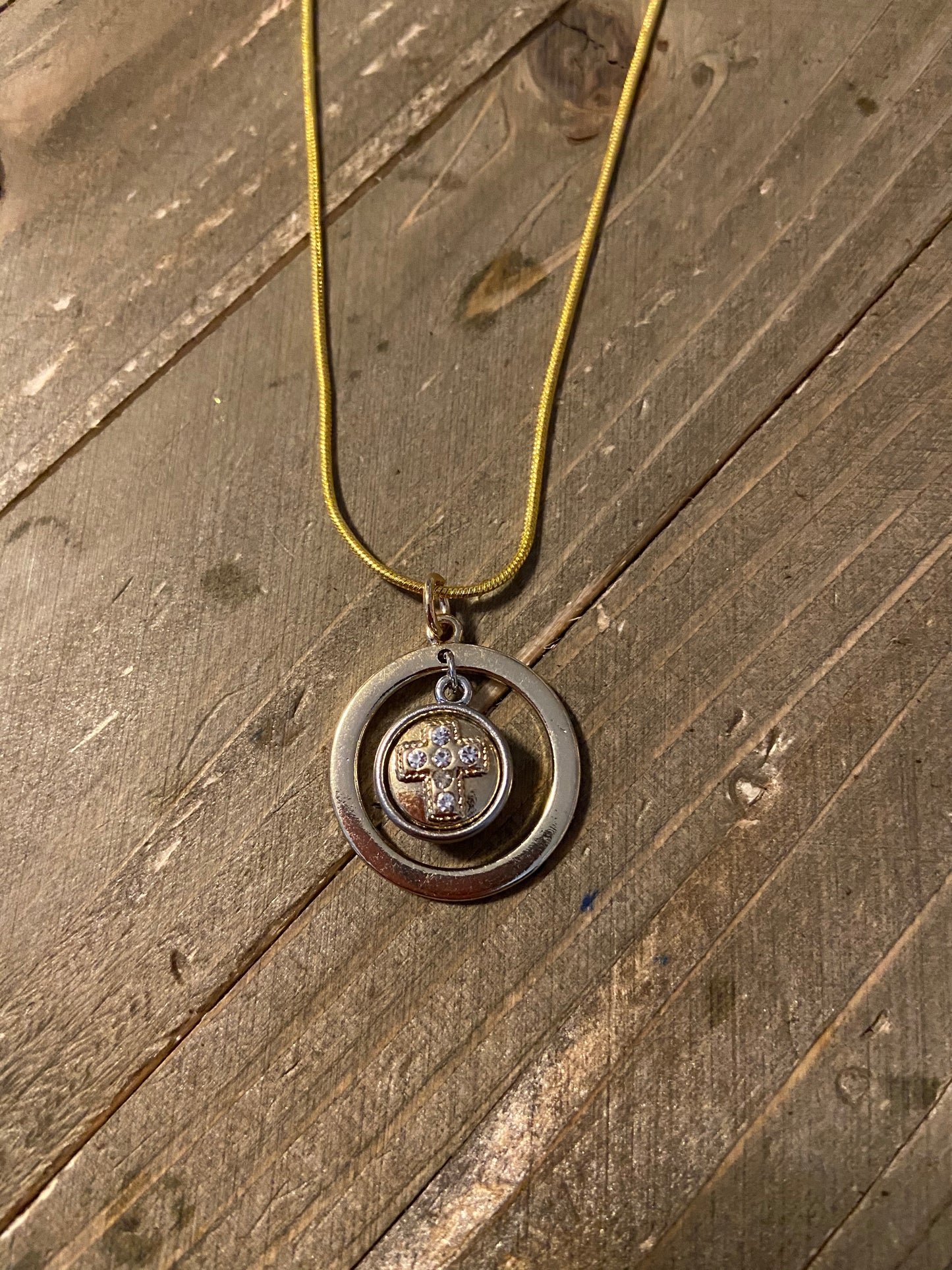 Silver and Gold Concentric Rings Pendant with a Cross Charm NecklacePink tiful of LOVE