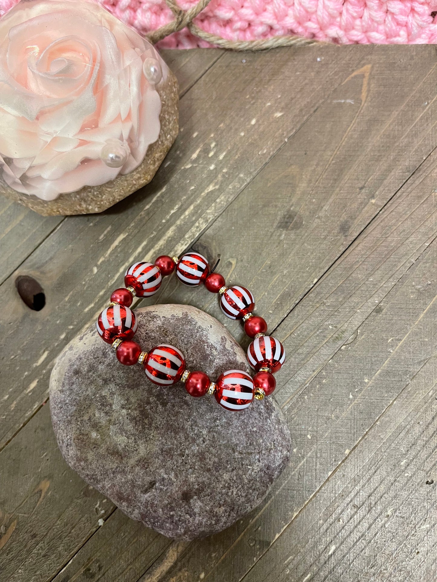 Christmas Beaded Elastic/Stretch Bracelet (BT188-7Stripes2)Pink tiful of LOVE