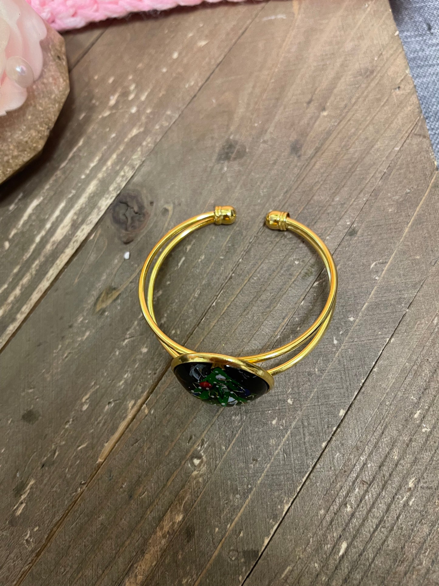 Christmas Tree on a Single Gold Bangle Cuff BraceletPink tiful of LOVE