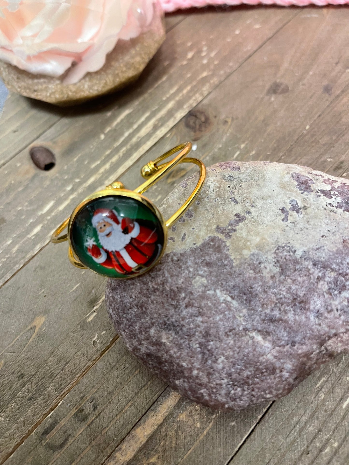 Christmas Santa on a Single Gold Bangle Cuff BraceletPink tiful of LOVE
