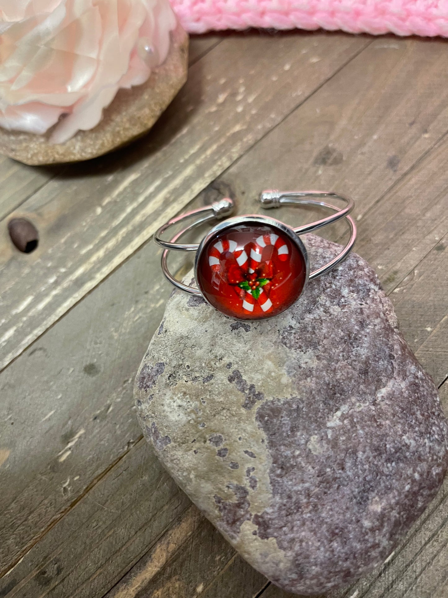 Christmas Candy Cane on a Single Silver Bangle Cuff BraceletPink tiful of LOVE