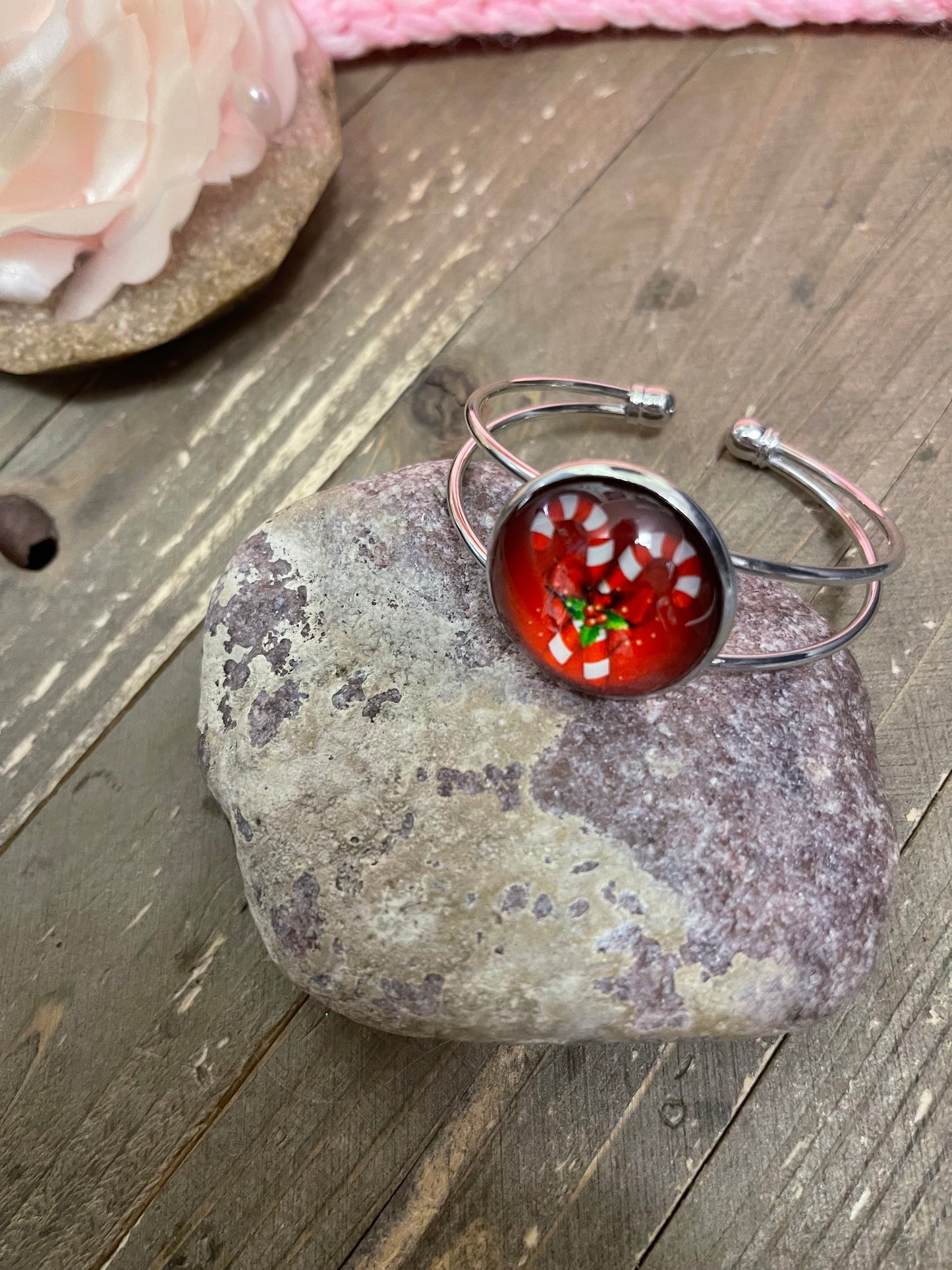 Christmas Candy Cane on a Single Silver Bangle Cuff BraceletPink tiful of LOVE