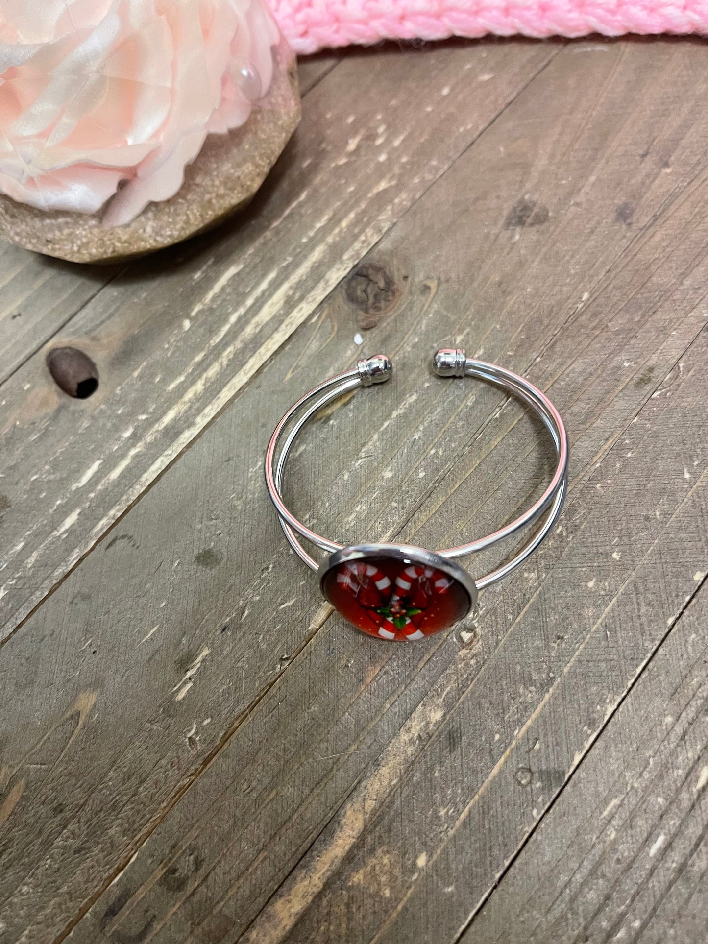 Christmas Candy Cane on a Single Silver Bangle Cuff BraceletPink tiful of LOVE
